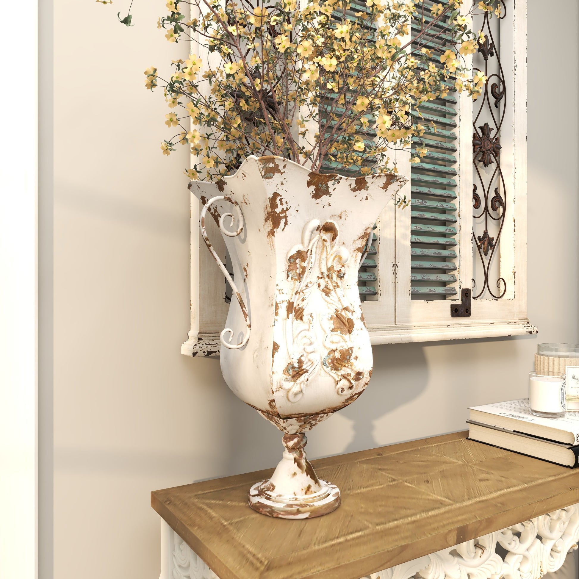 Scroll Beige Metal Distressed Decorative Vase