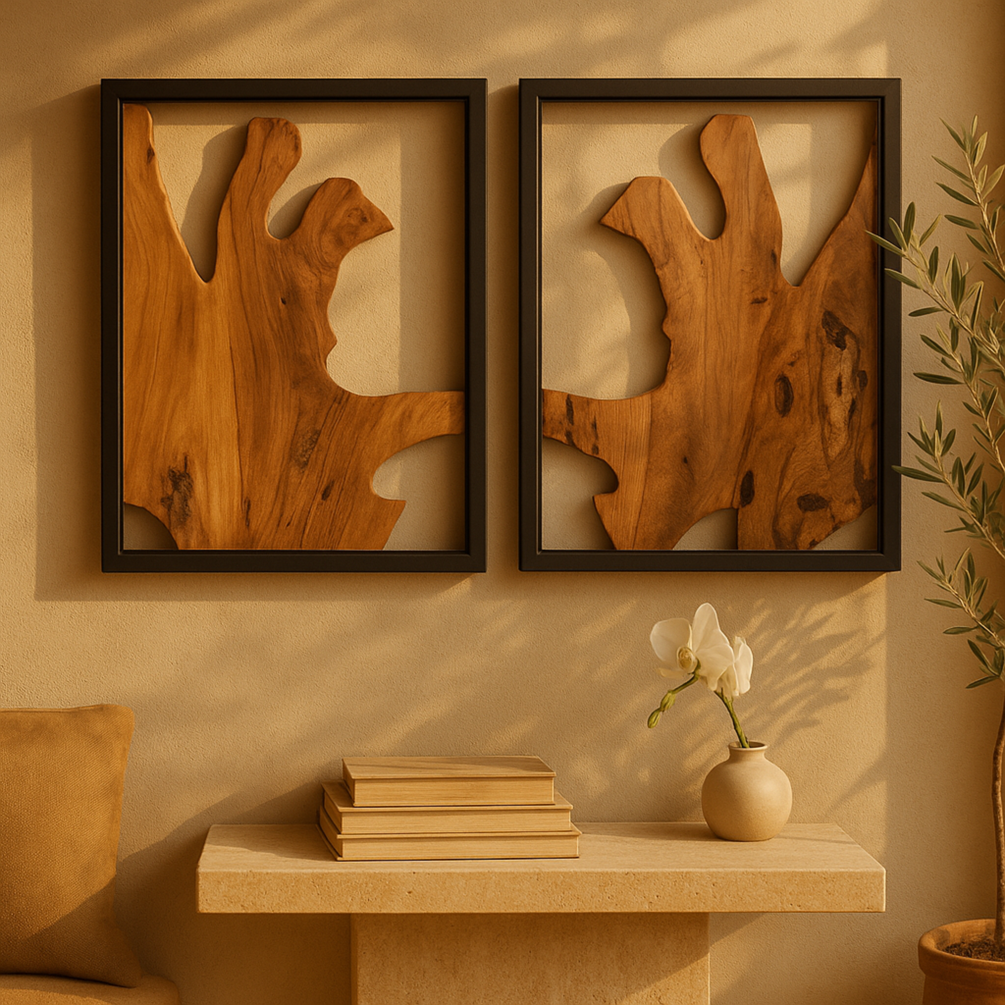 Abstract Brown Wood Handmade Live Edge Home Wall Decor with Black Frames