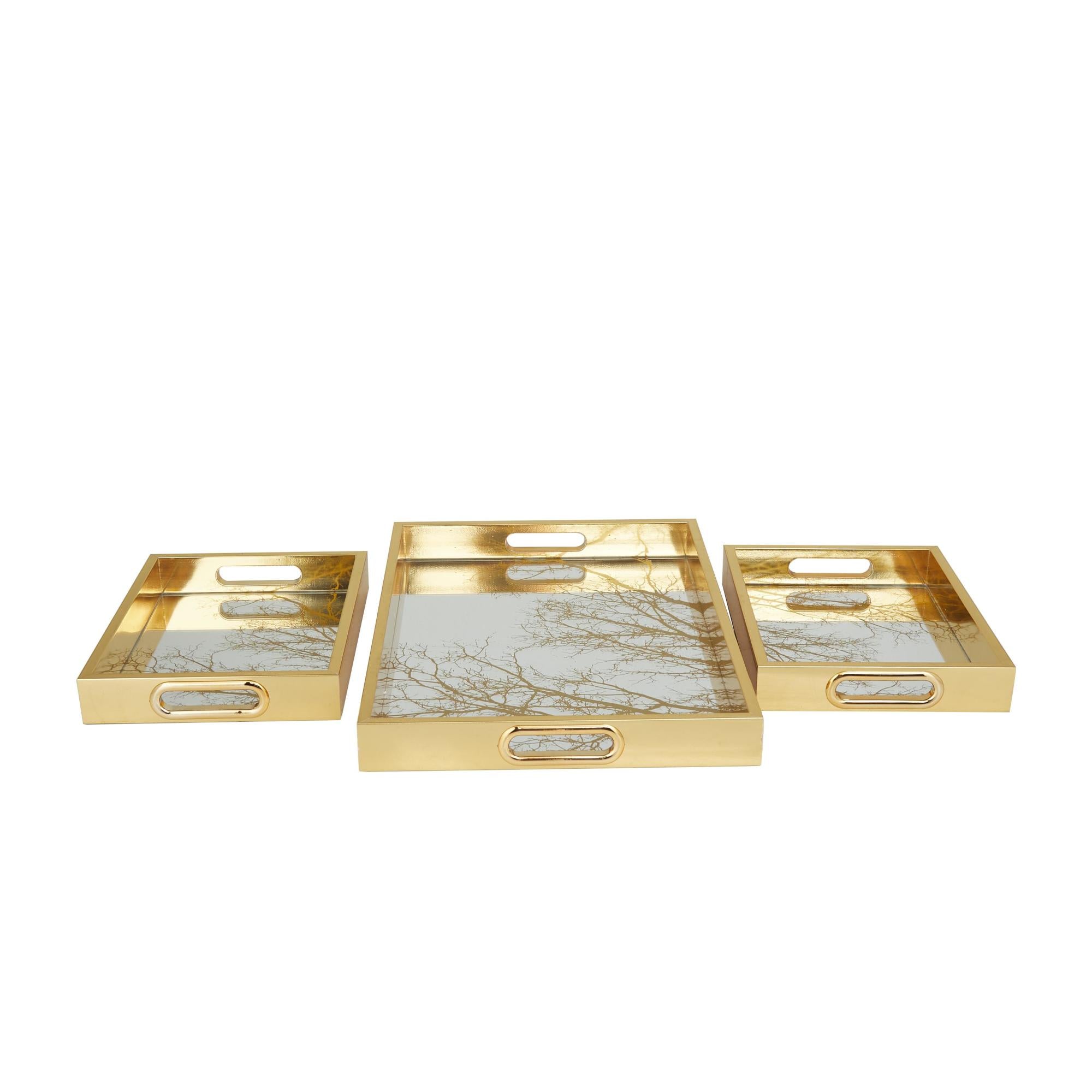 Set of 3 Geometric Gold Plastic Mirrored Living Room Decor Tray