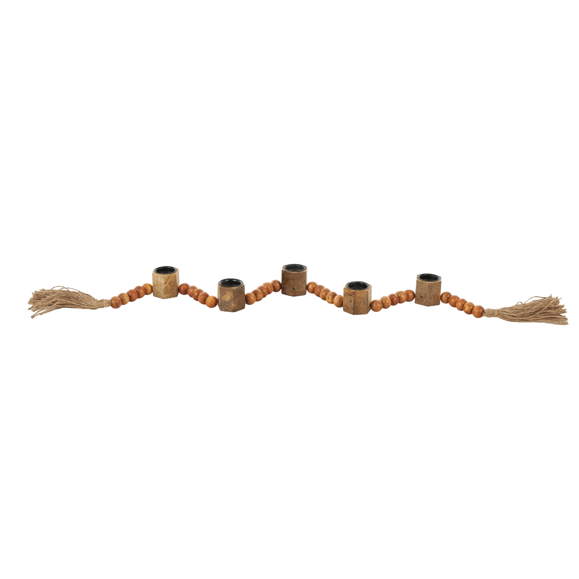 Mango Wood Garland Decorative Candle Holder with Brown Tassel