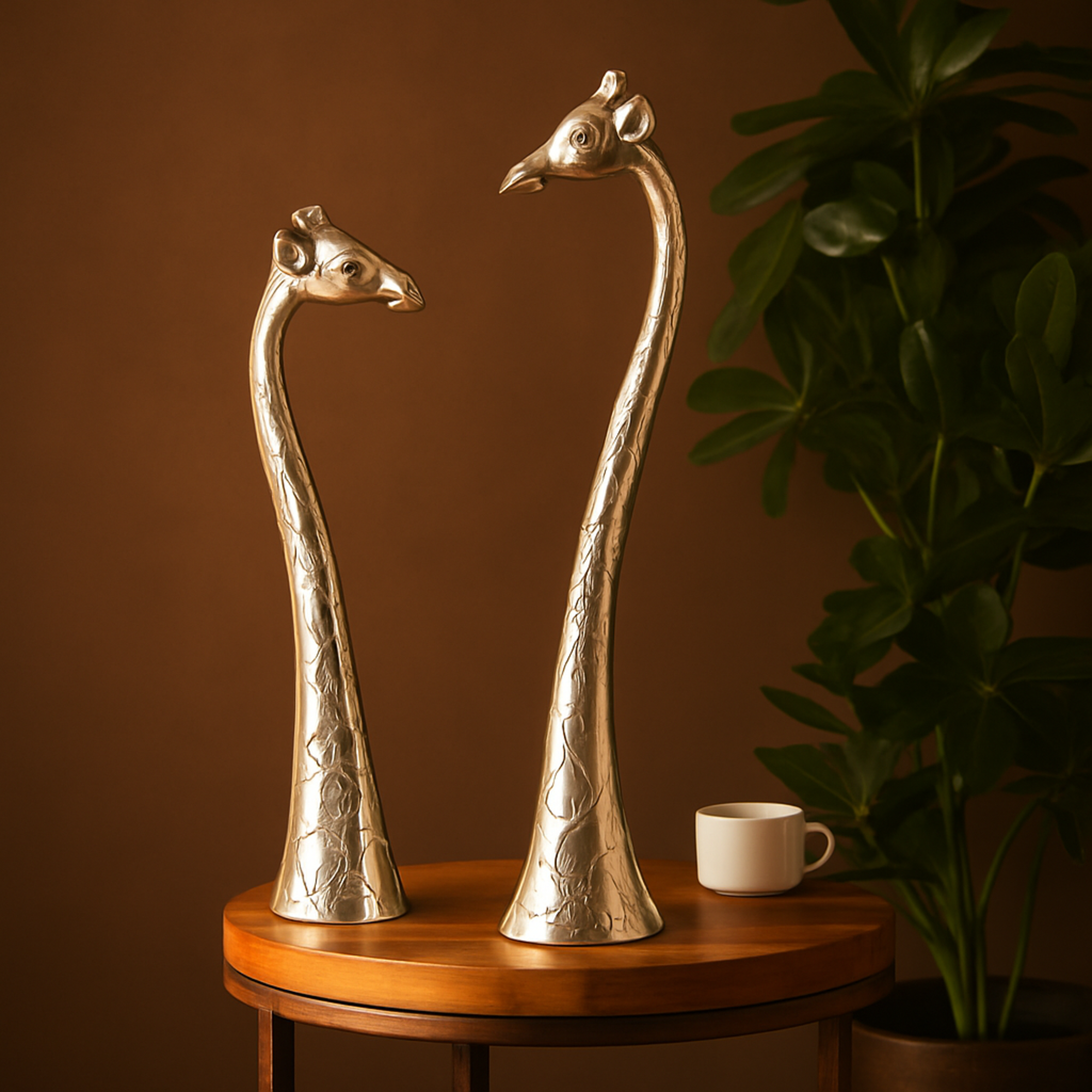 Set of 2 Giraffe Silver Aluminum Metal Tall Decorative Sculpture with Spotted Texturing