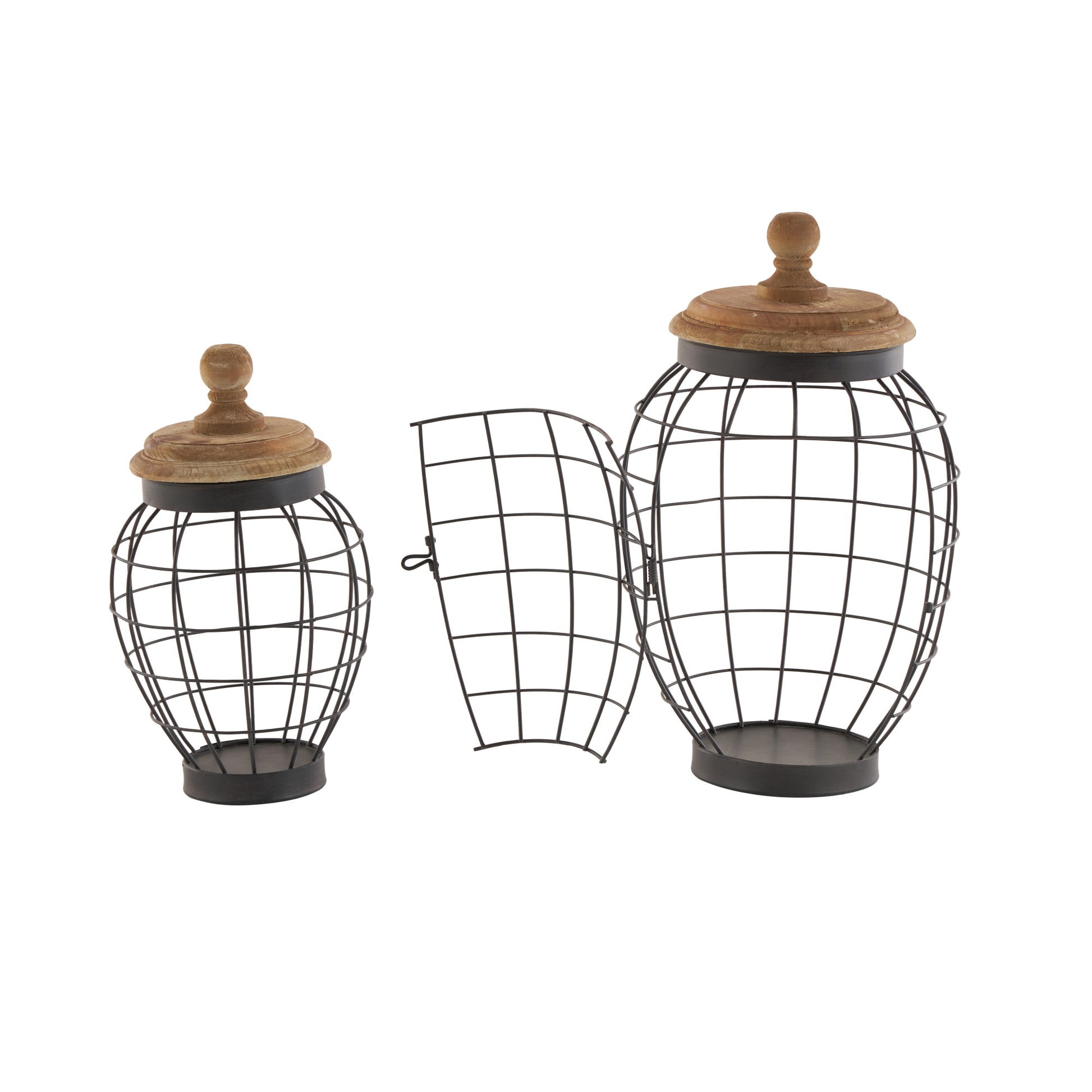 Set of 2 Black Metal Wire Caged Living Room Decorative Jars with Wooden Lids