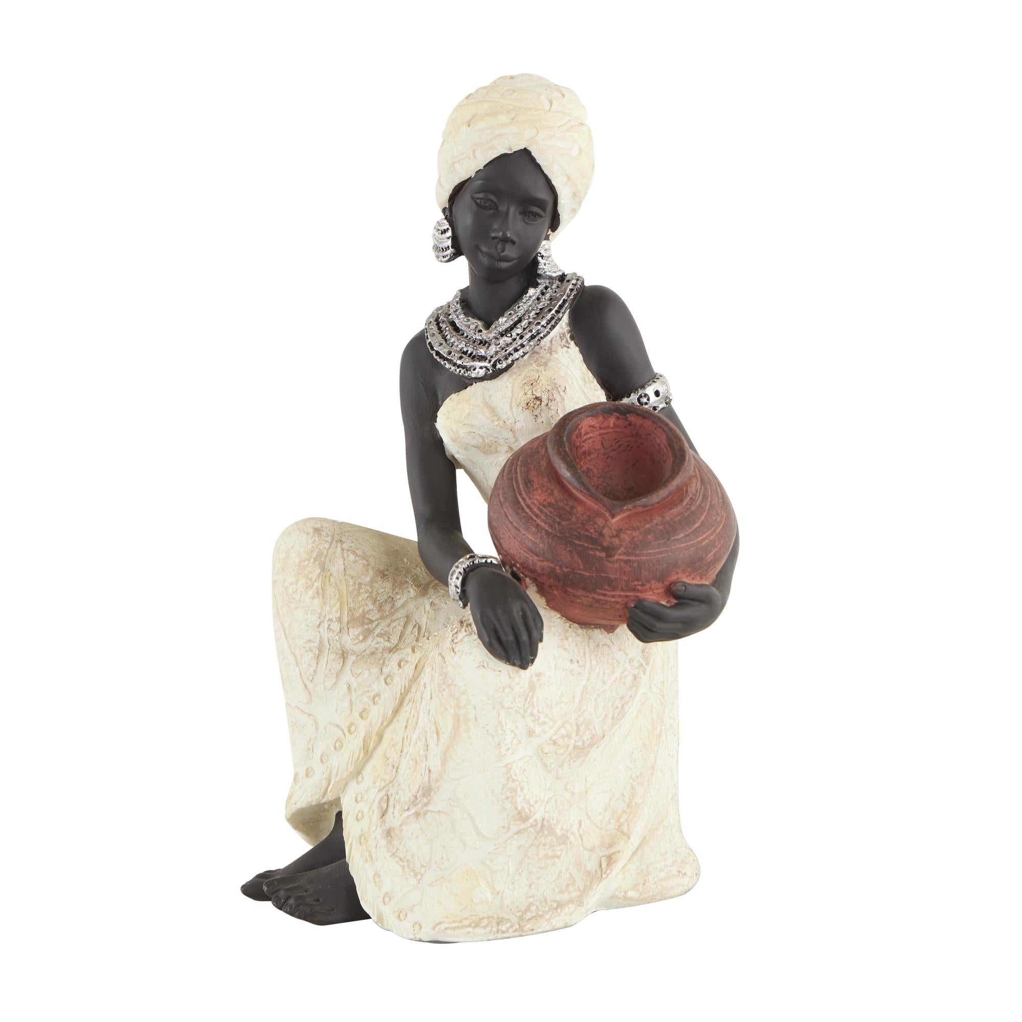 Woman Cream Polystone Sitting African Decorative Sculpture with Red Water Pot