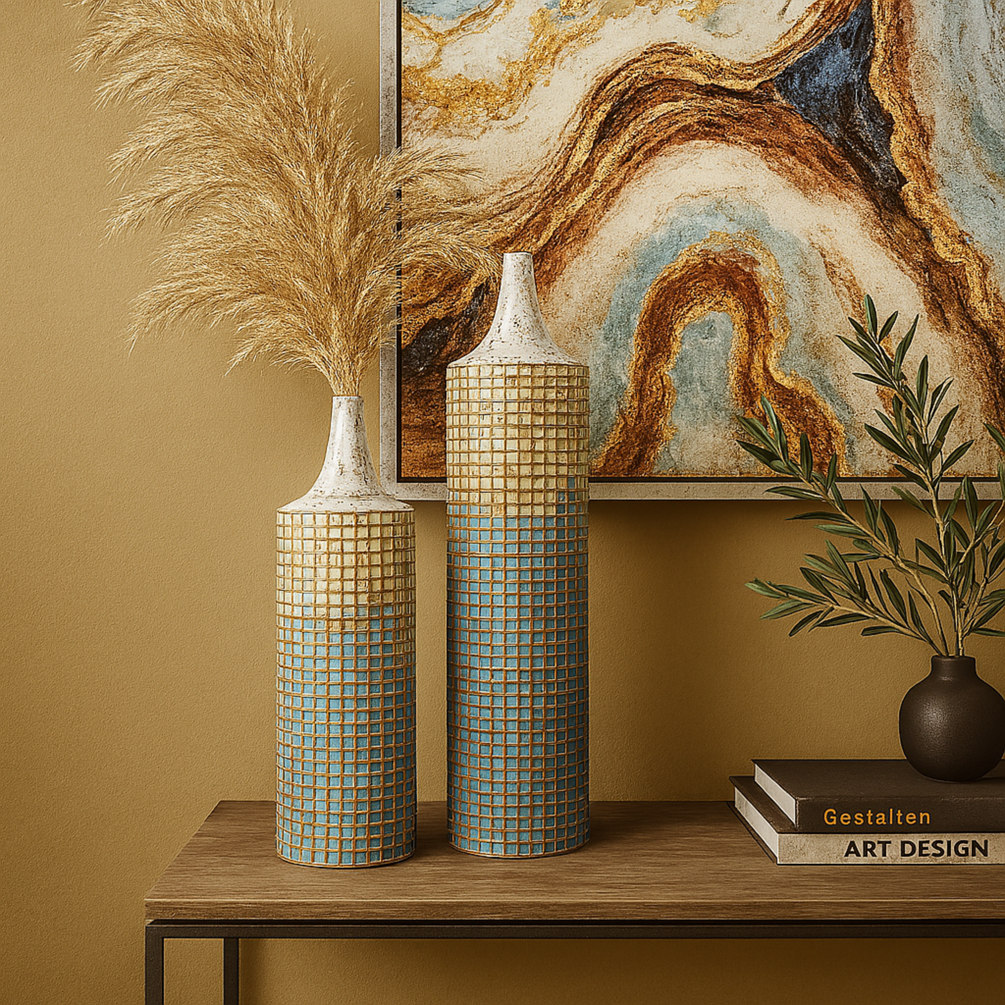 Set of 2 Geometric Blue Metal Distressed Tall Decorative Vase with Grid Pattern and Gold Accents