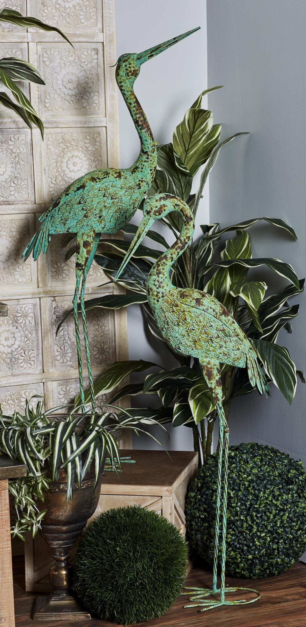 Set of 2 Crane Green Metal Indoor Outdoor Decorative Garden Sculpture with Coiled U Shaped Feet