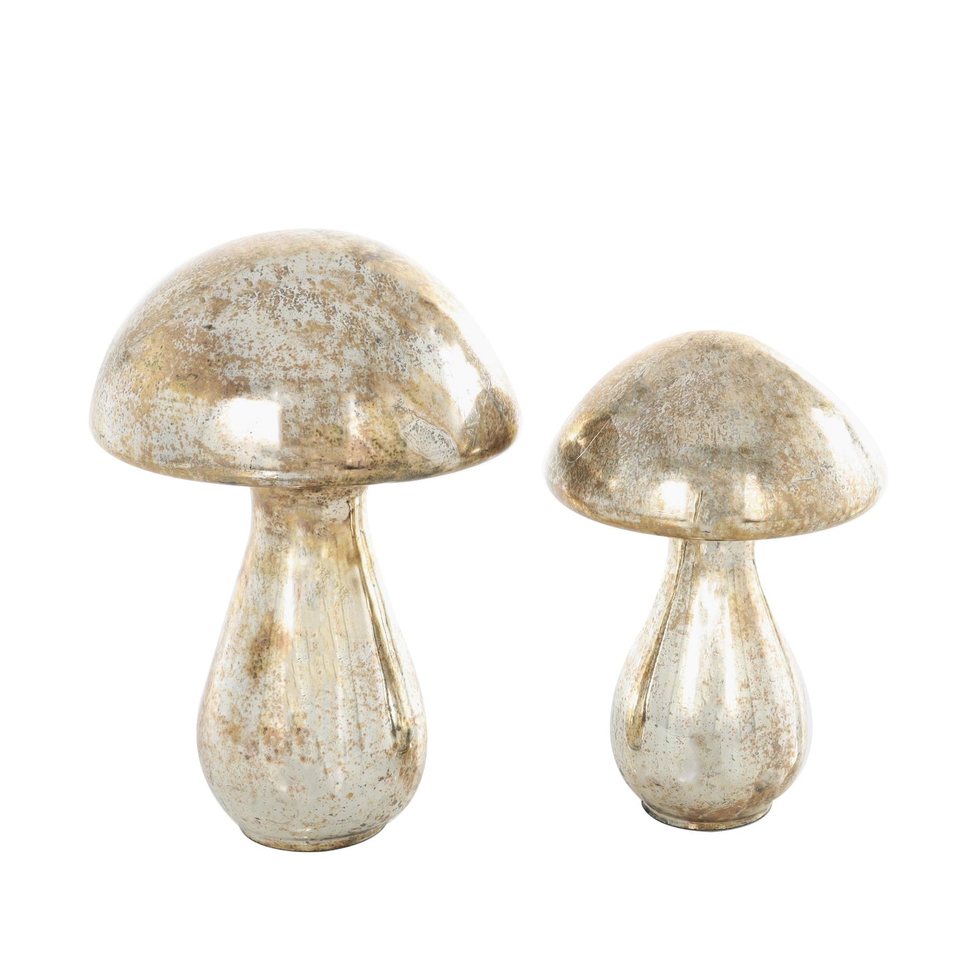 Set of 2 Mushroom Glass Handmade Glossy Weathered Decorative Sculpture