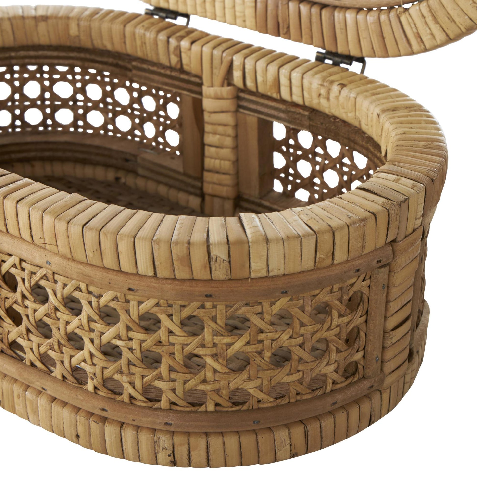 Set of 2 Brown Rattan Handmade Wrapped Oval Storage Decorative Box with Cane Panels and Tempered Glass Tops