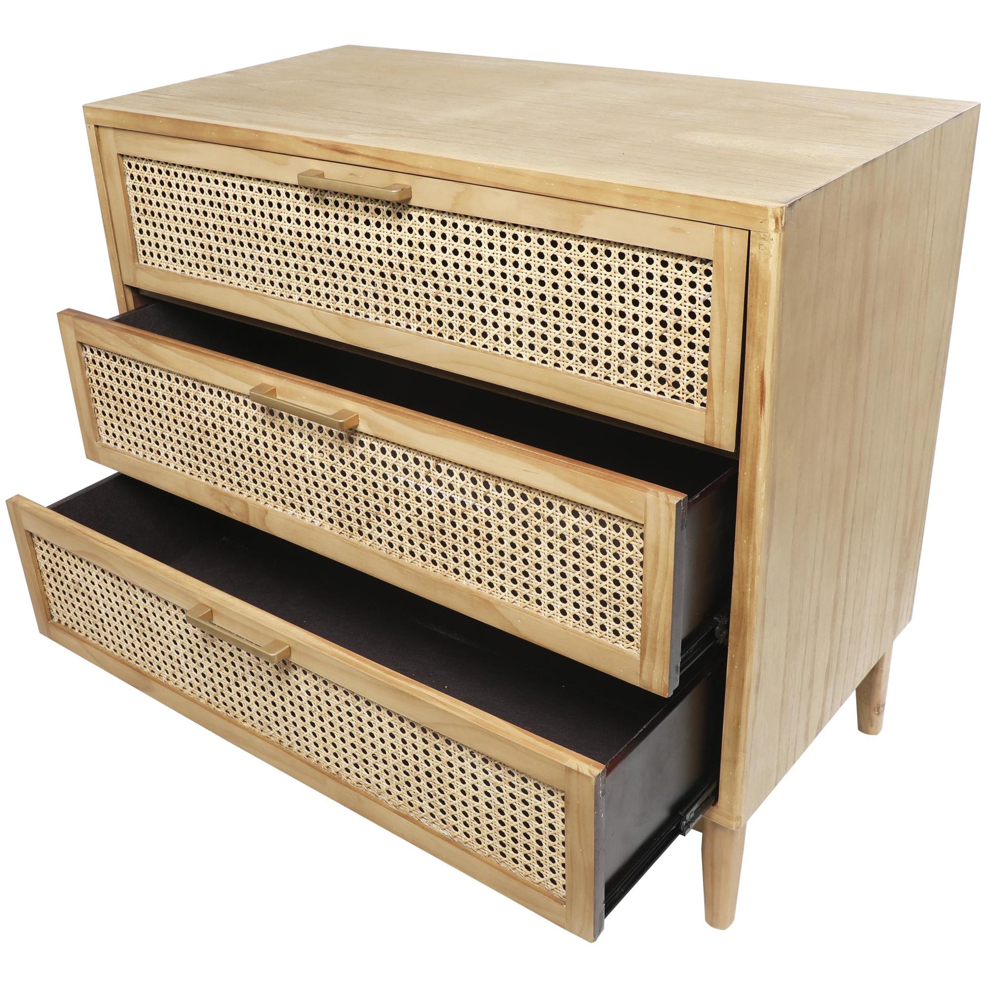 Wood 3 Drawer Room Chest with Beige Rattan Drawers and Gold Handles