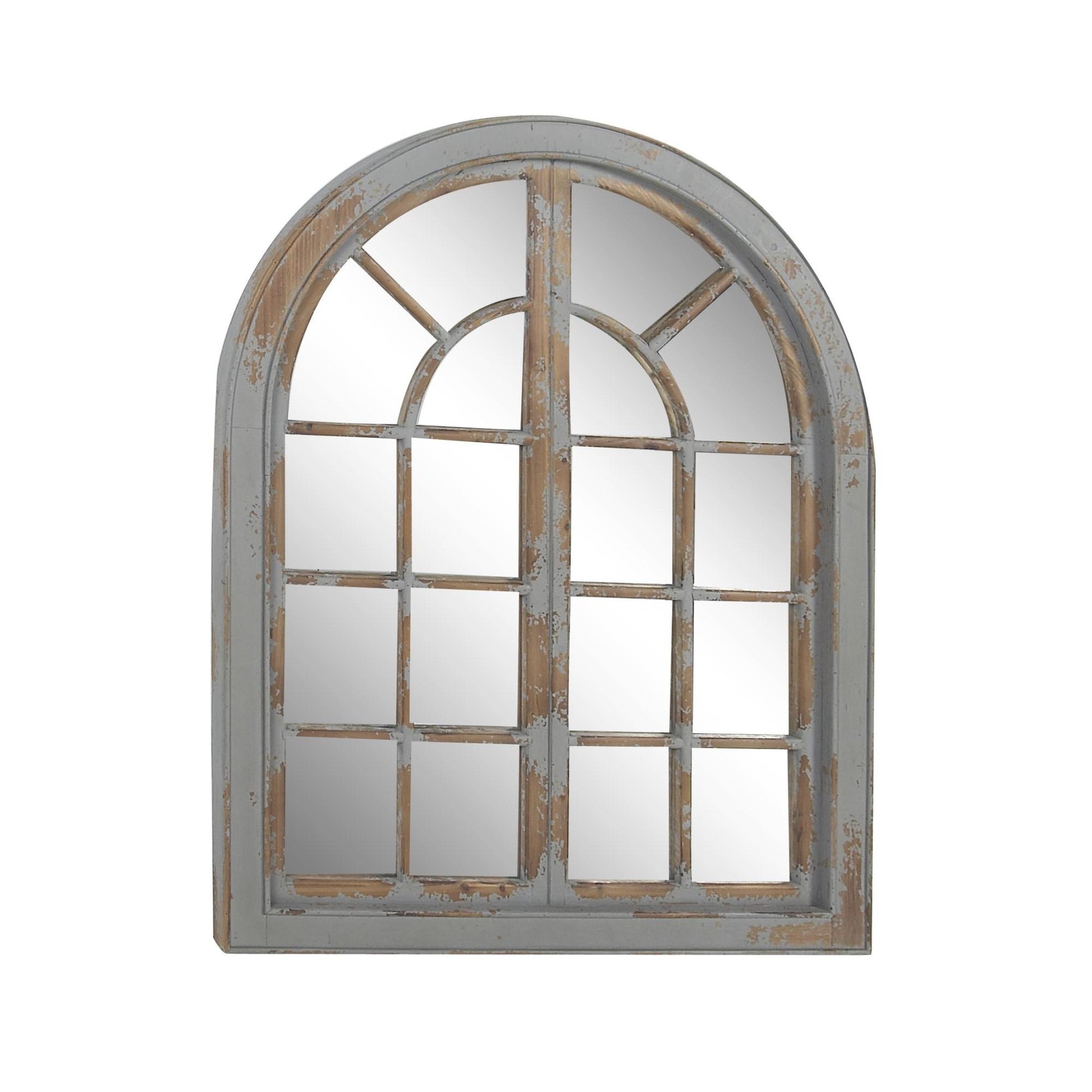 Wood Window Pane Inspired Room Wall Mirror with Arched Top and Distressing