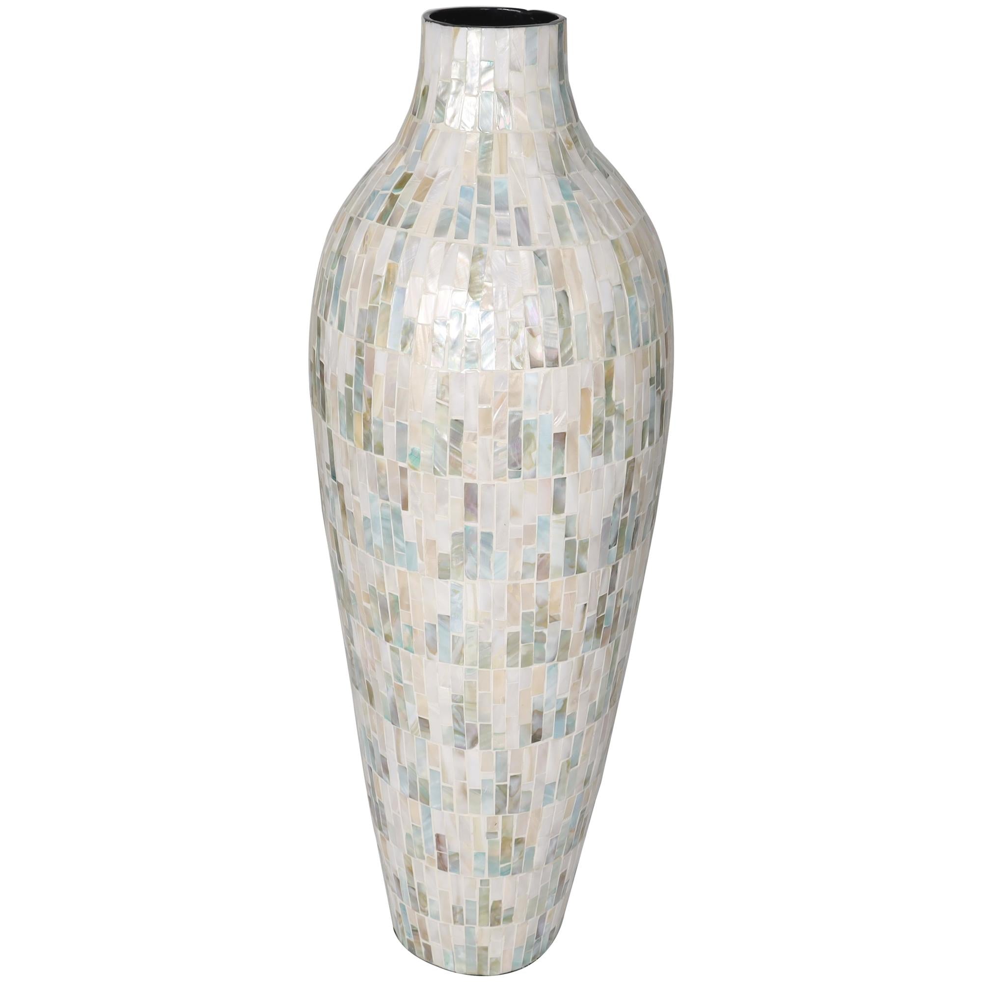 White Mother of Pearl Shell Handmade Mosaic Inspired Decorative Vase with Pastel Blue and Pink Accents