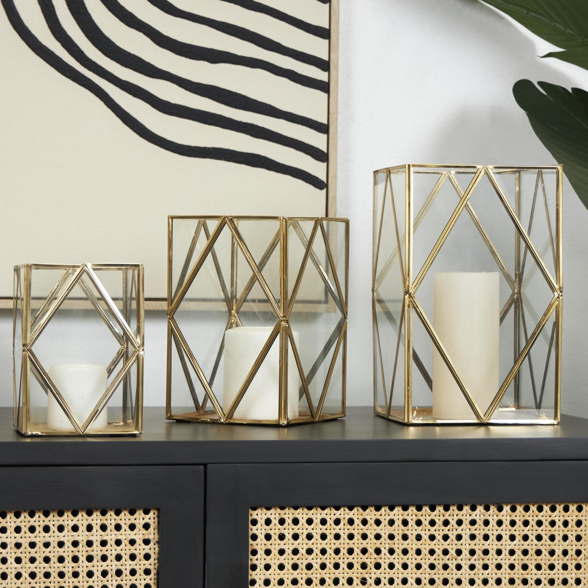 CosmoLiving by Cosmopolitan Set of 3 Geometric Gold Metal Diamond Patterned Rectangular Indoor Outdoor Candle Lantern
