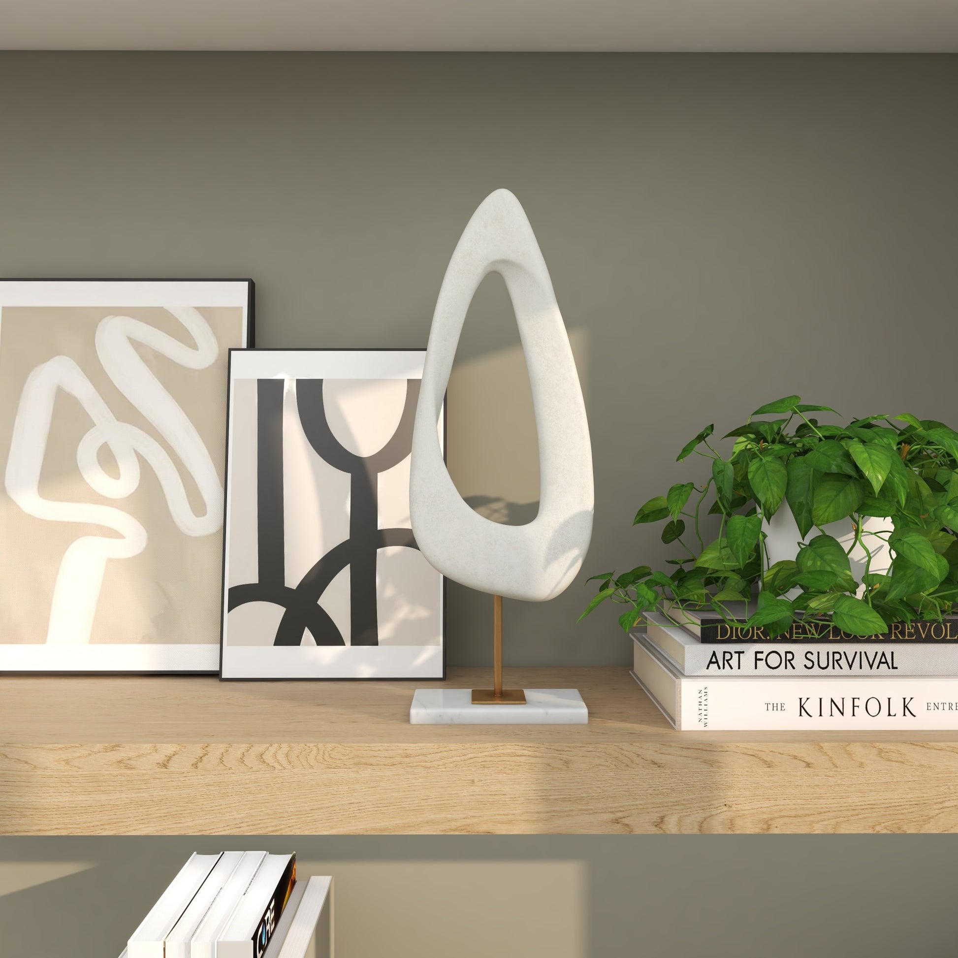 Abstract White Polystone Cut-Out Decorative Sculpture with Marble Stand