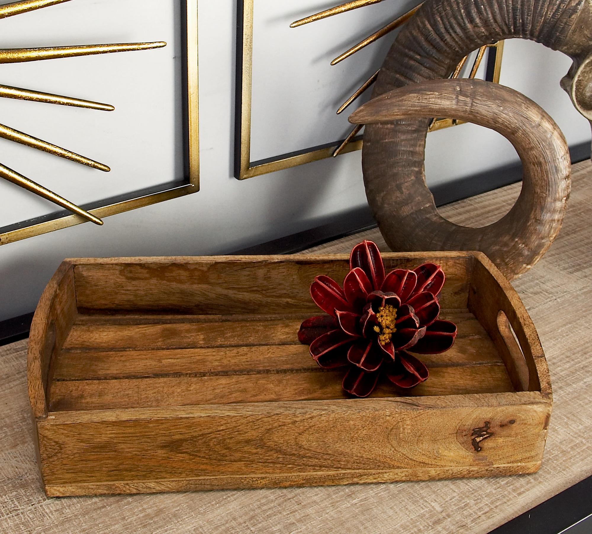 Set of 3 Light Brown Mango Wood Living Room Decor Tray with Slot Handles