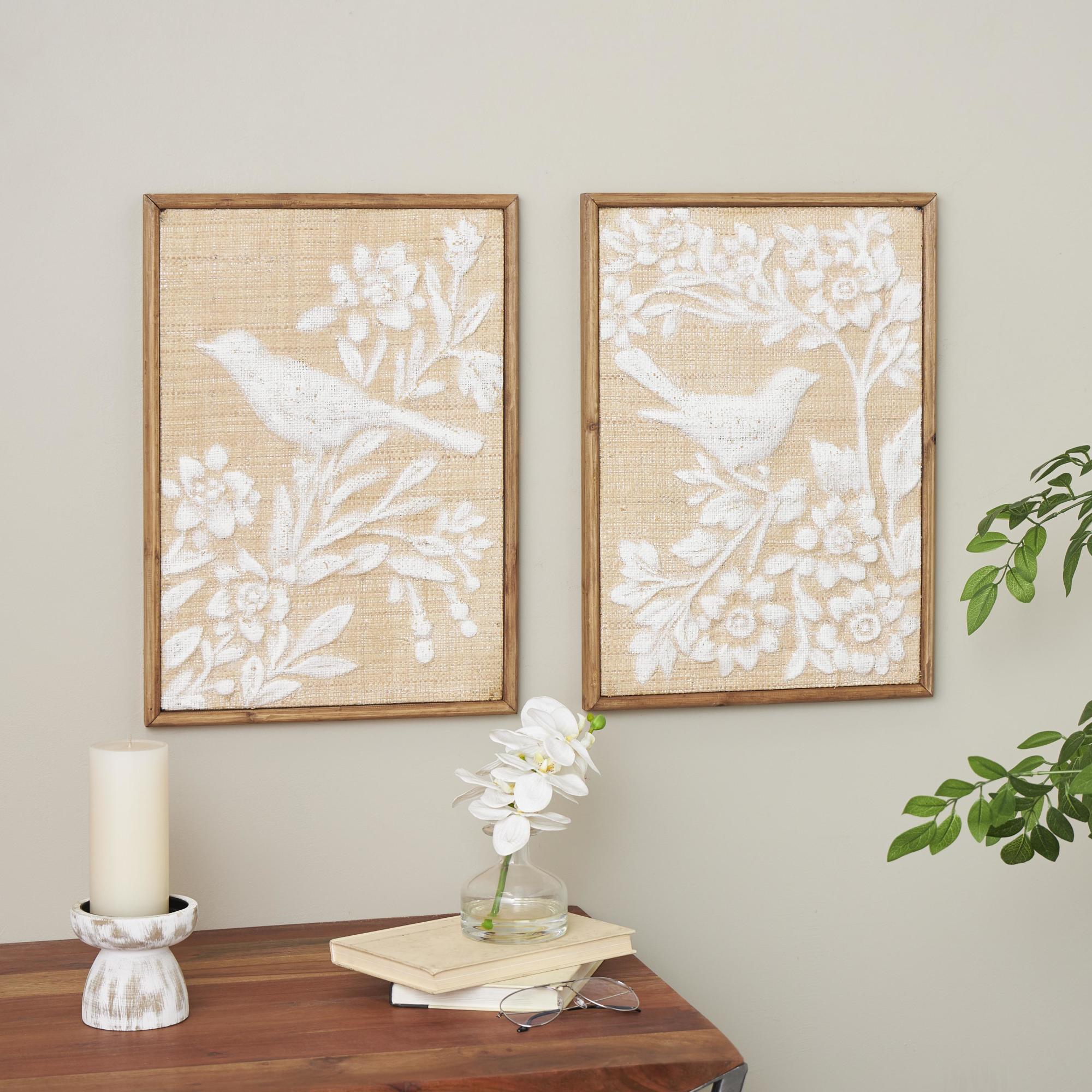 Set of 2 Bird Brown Wood Living Room Framed Wall Art with White Painted Floral Patterns
