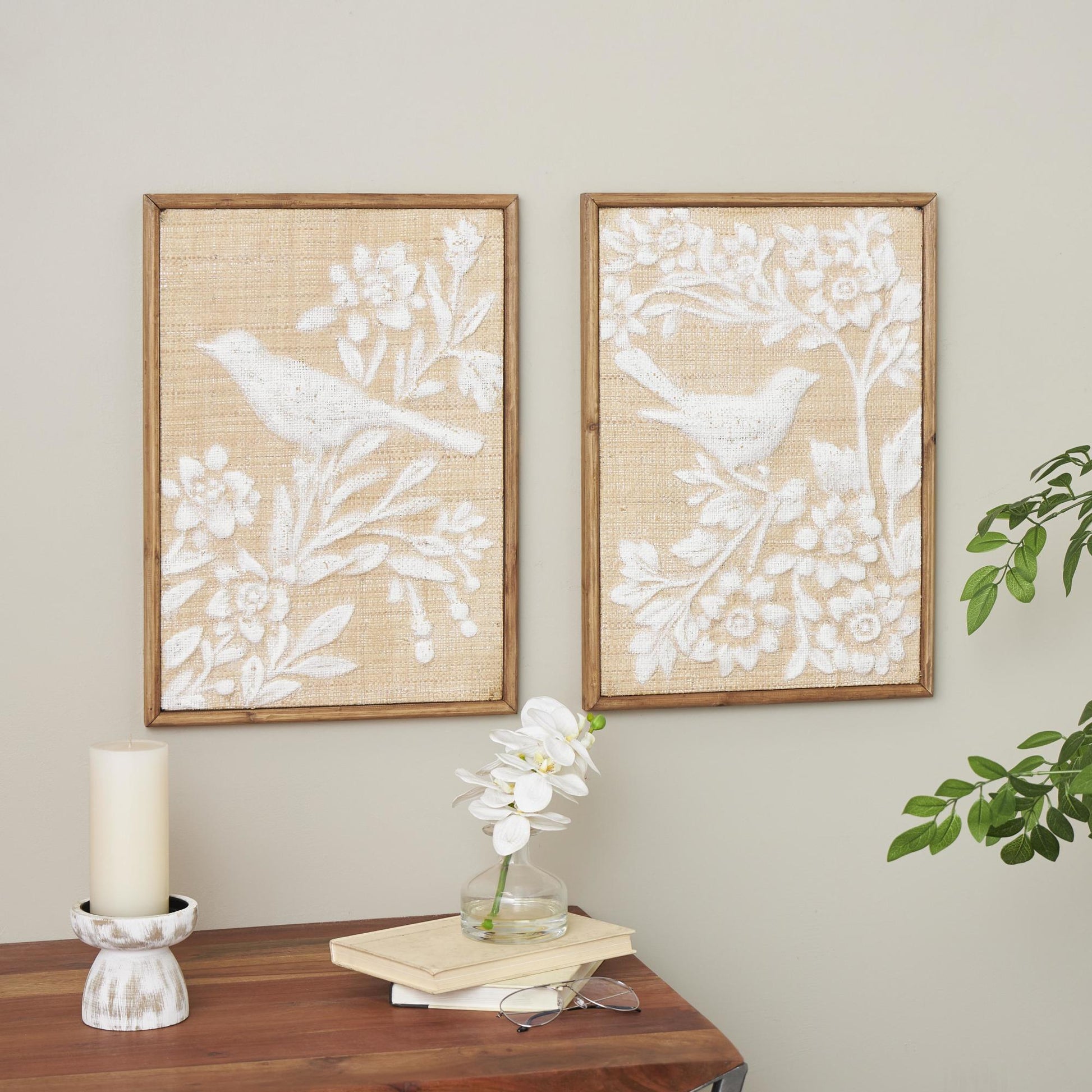 Set of 2 Bird Brown Wood Living Room Framed Wall Art with White Painted Floral Patterns