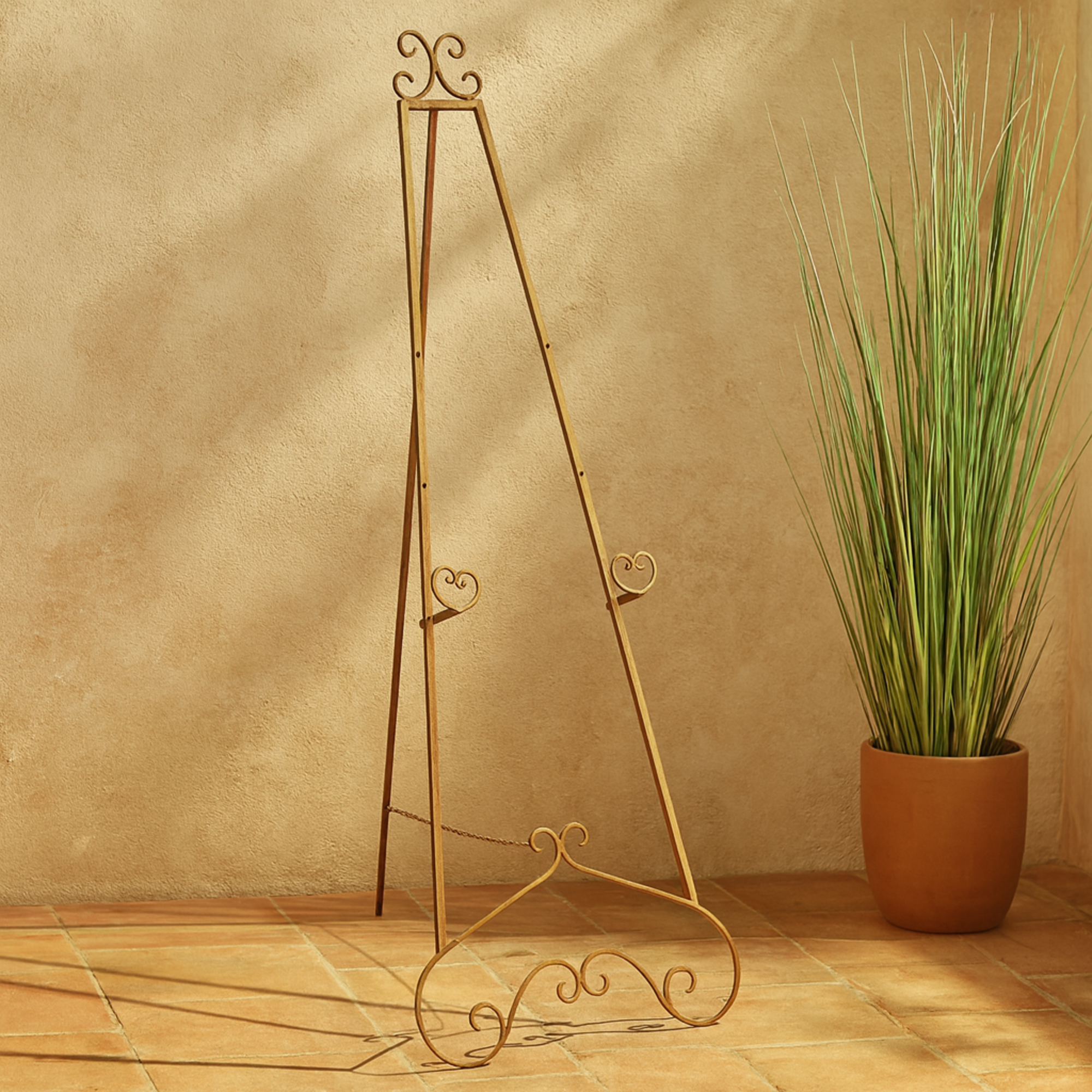 Scroll Gold Metal Tall Adjustable Floor 3 Tier Display Easel