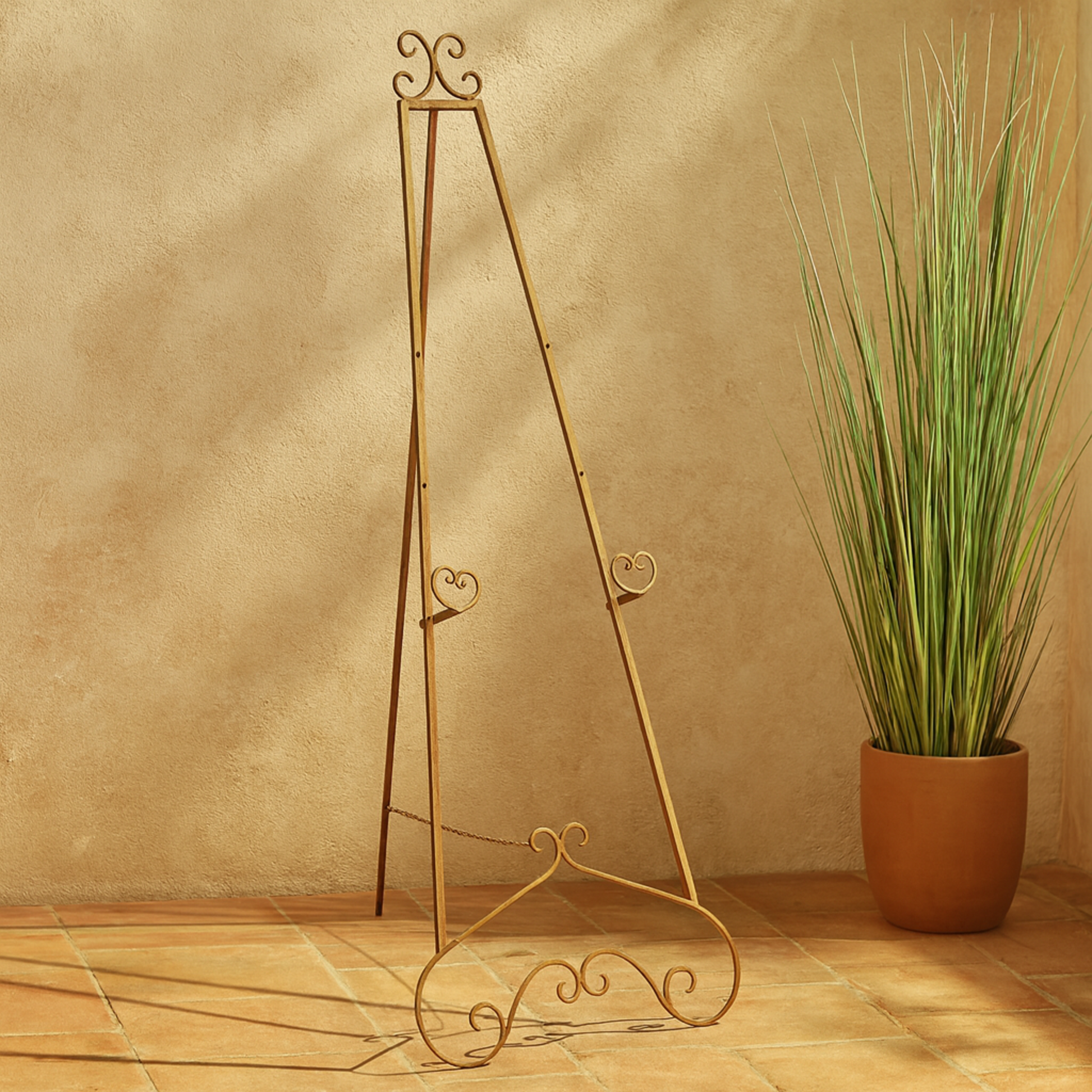 Scroll Gold Metal Tall Adjustable Floor 3 Tier Display Easel