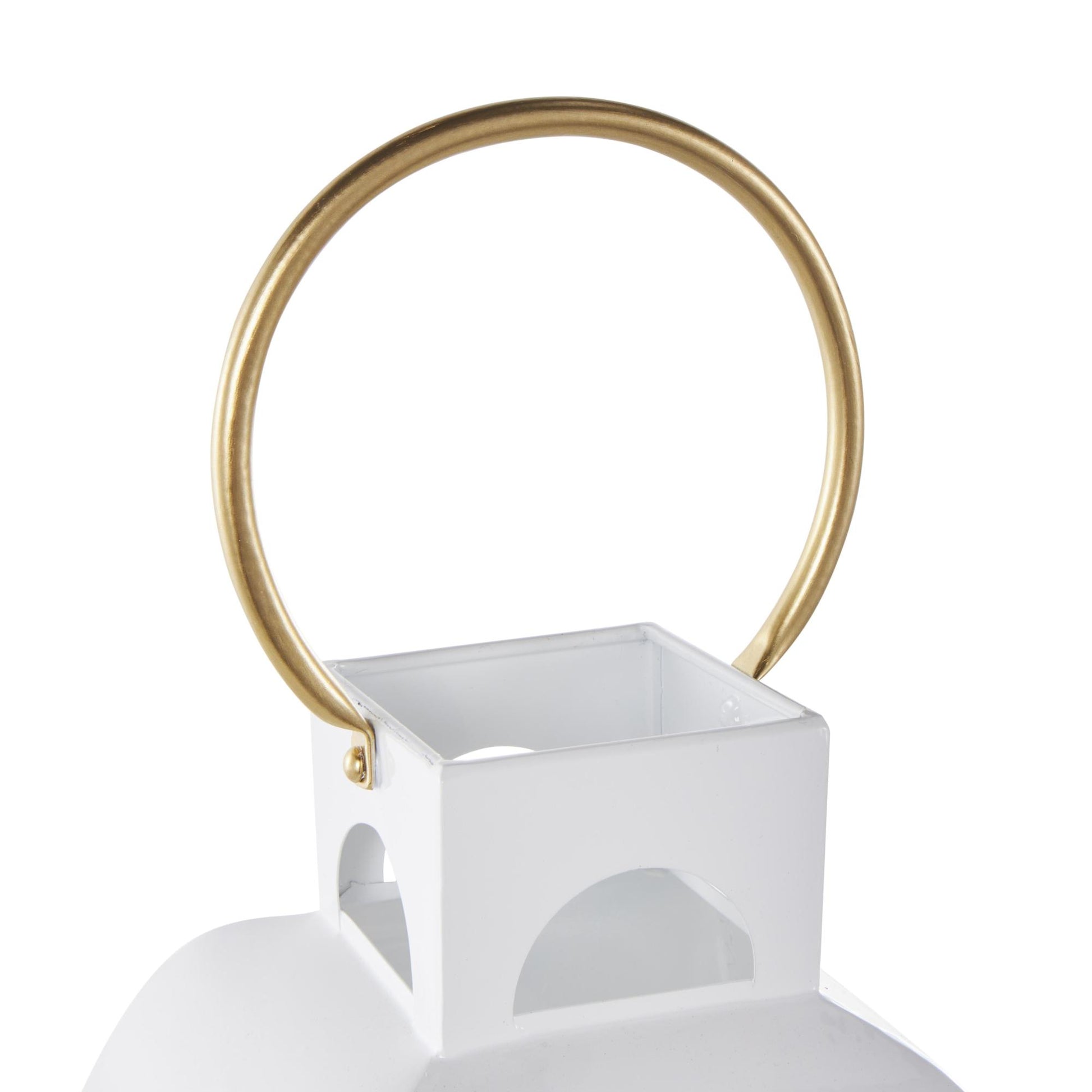 White Metal Tall Arched Cutout Indoor Outdoor Candle Lantern with Gold Handle
