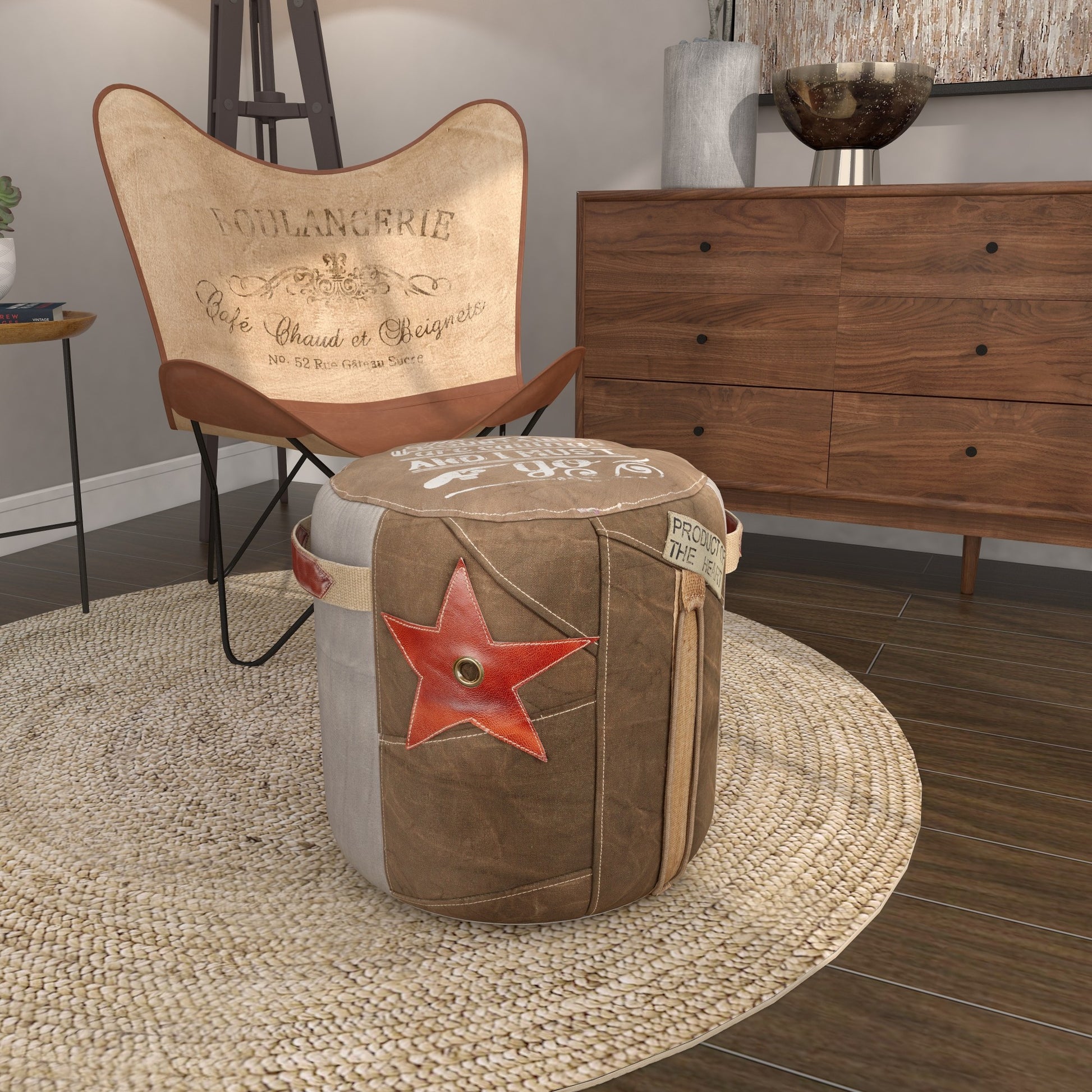 Star Canvas Stuffed Pouf with Leather Accents
