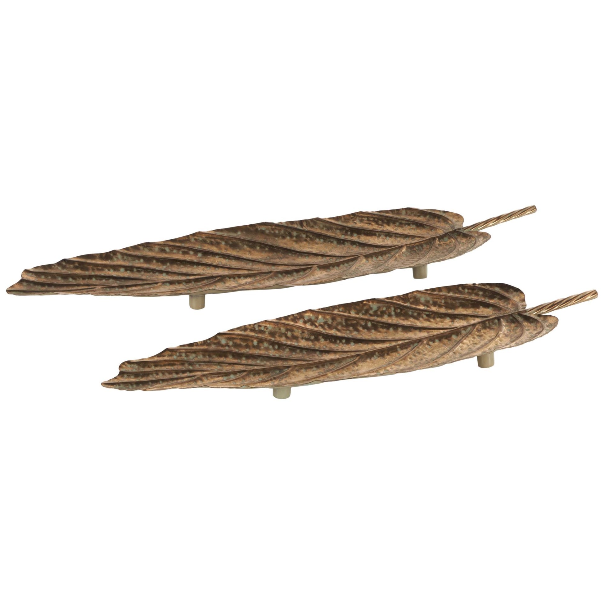 Set of 2 Leaf Copper Metal Textured Living Room Decor Tray with Patina Accents and Elevated Feet