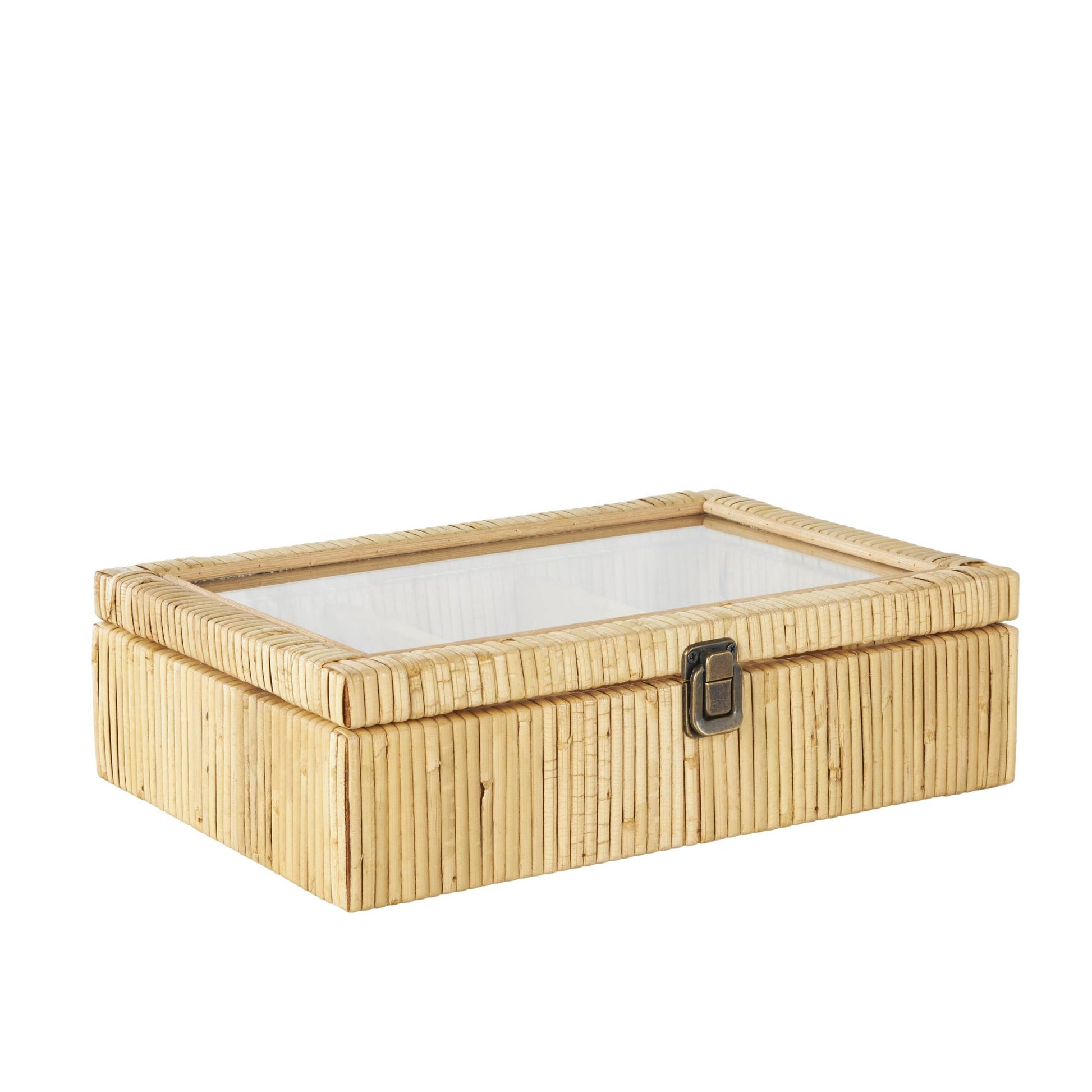 Brown Rattan Handmade Wrapped 6 Slot Decorative Jewelry Box with Tempered Glass Top
