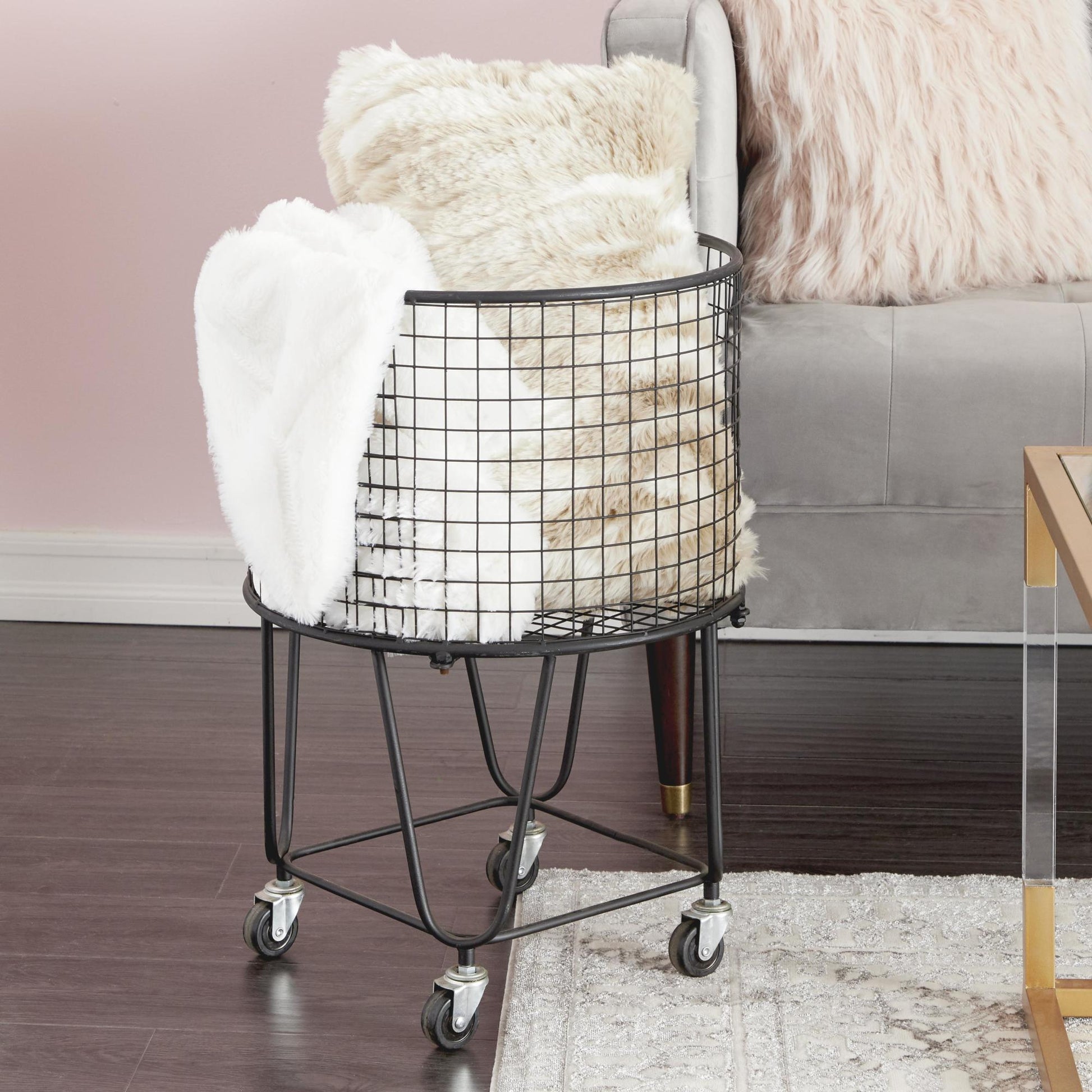 Metal Deep Set Metal Mesh Laundry Basket Storage Cart with Wheels 18" x 18" x 24"