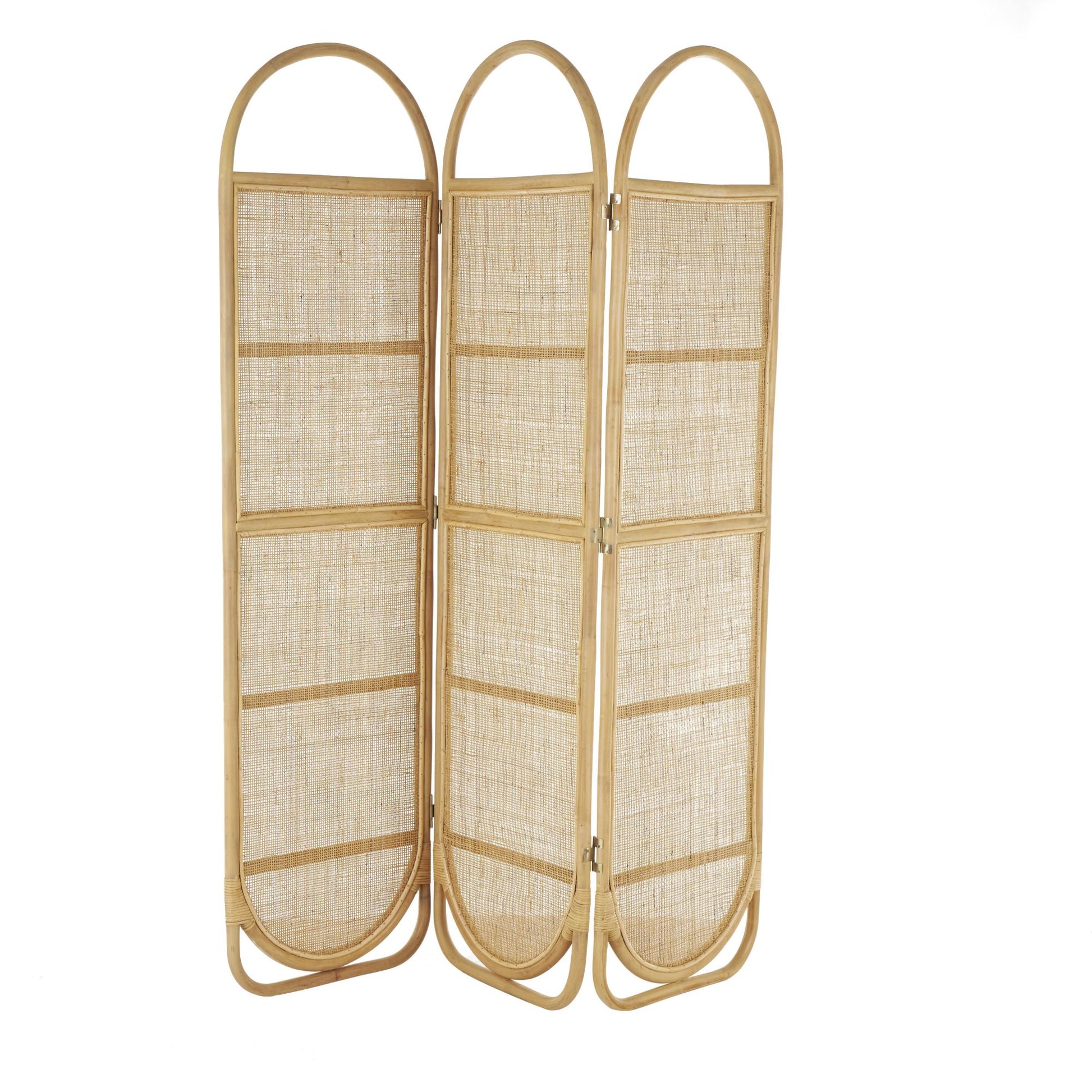 Geometric Light Brown Rattan Woven Arched Oval 3 Panel Partition Room Divider Screen