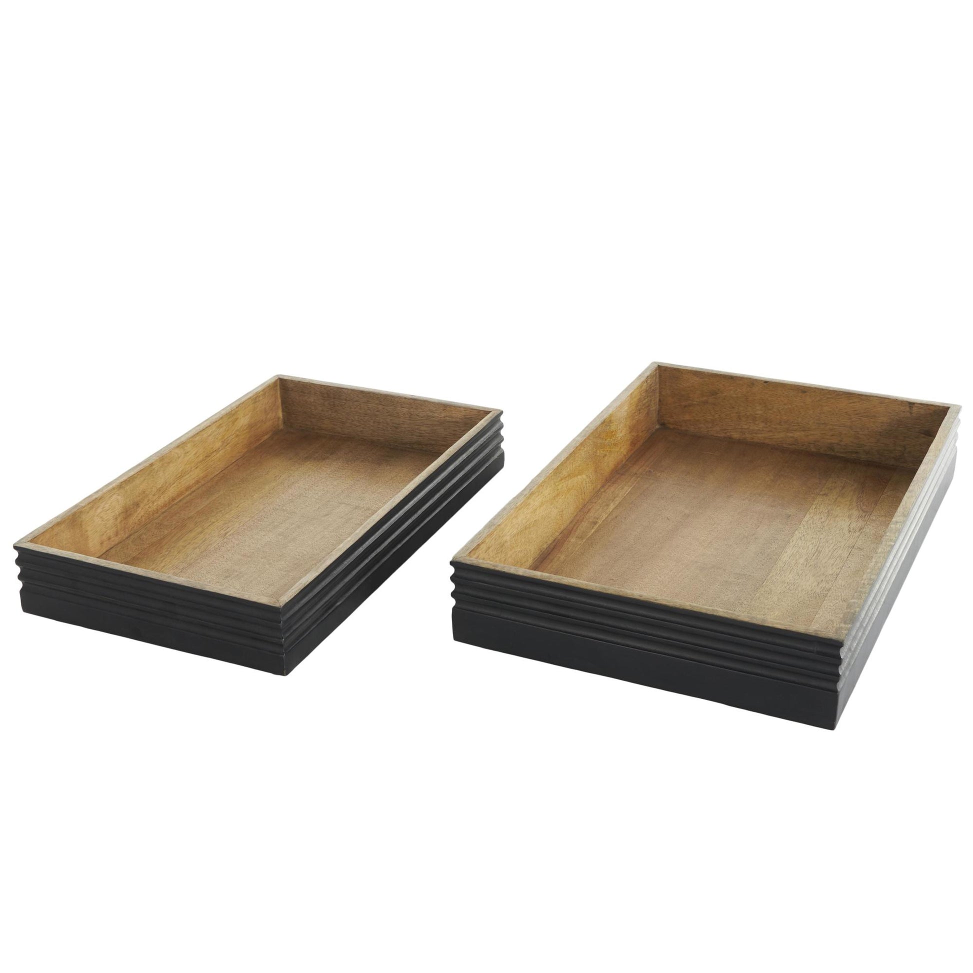 Set of 2 Brown Mango Wood Handmade Living Room Decor Tray with Black Groove Exterior