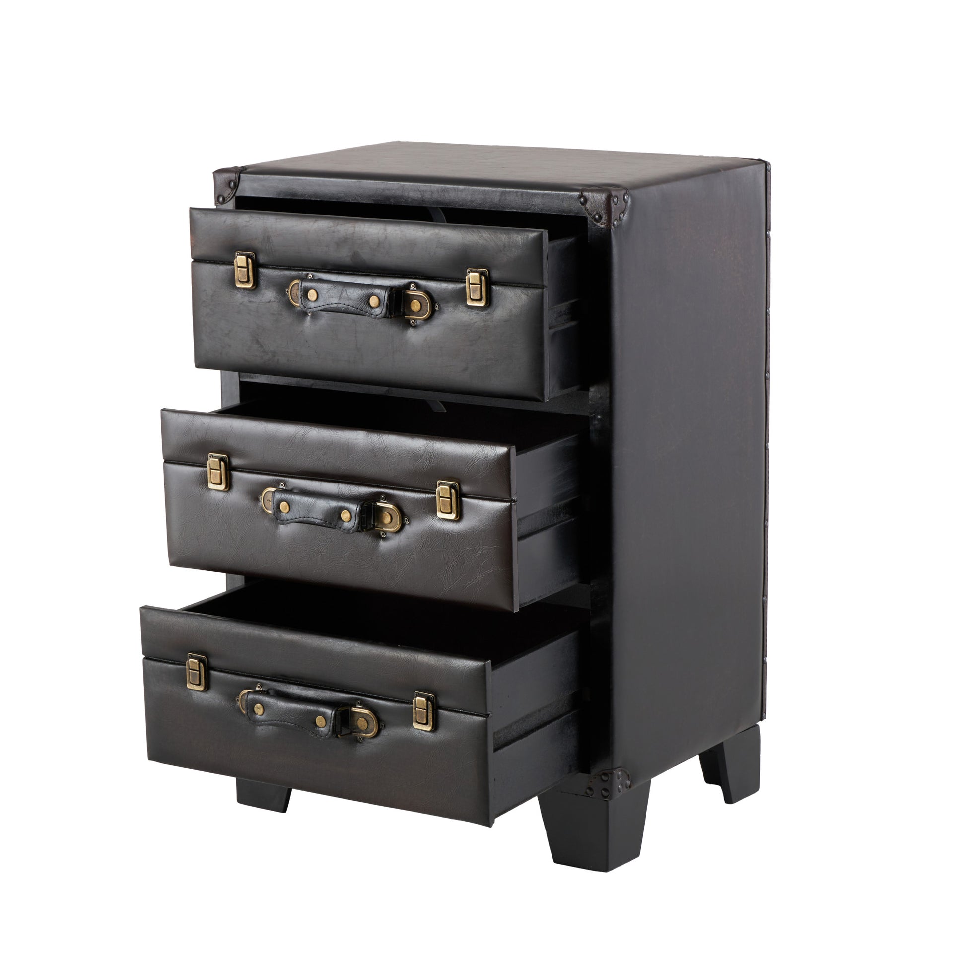 Dark Brown Faux Leather Vintage Faux Leather 3 Drawer Room Chest with Gold Buckle and Strap Accents
