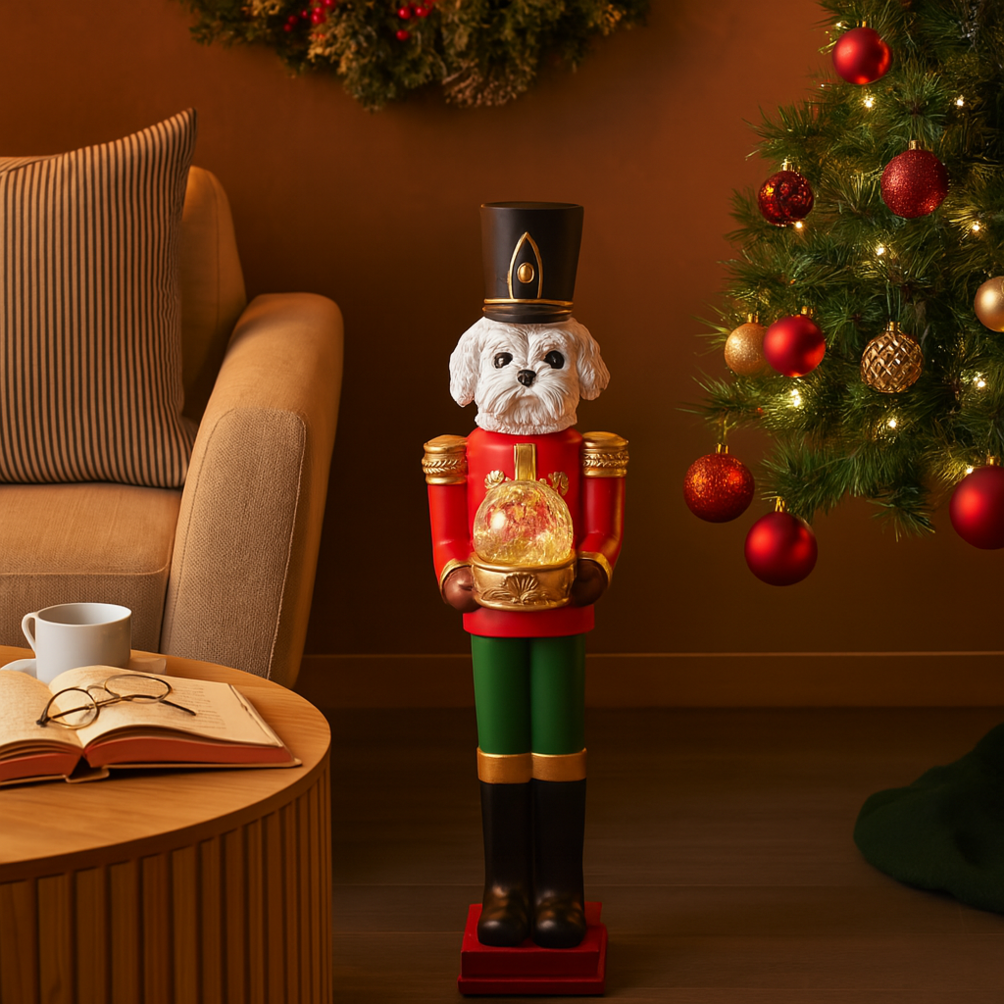 Dog Red Fiberglass Tall Soldier Nutcracker Decorative Christmas Sculpture with LED Light Snow Globe