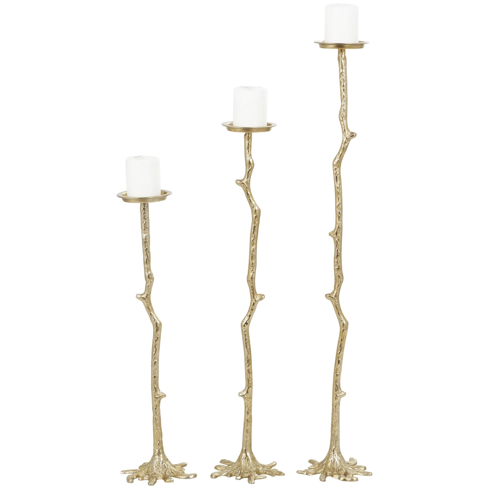 Set of 3 Abstract Gold Aluminum Metal Tall Floor Decorative Candle Holder with Stick Inspired Design