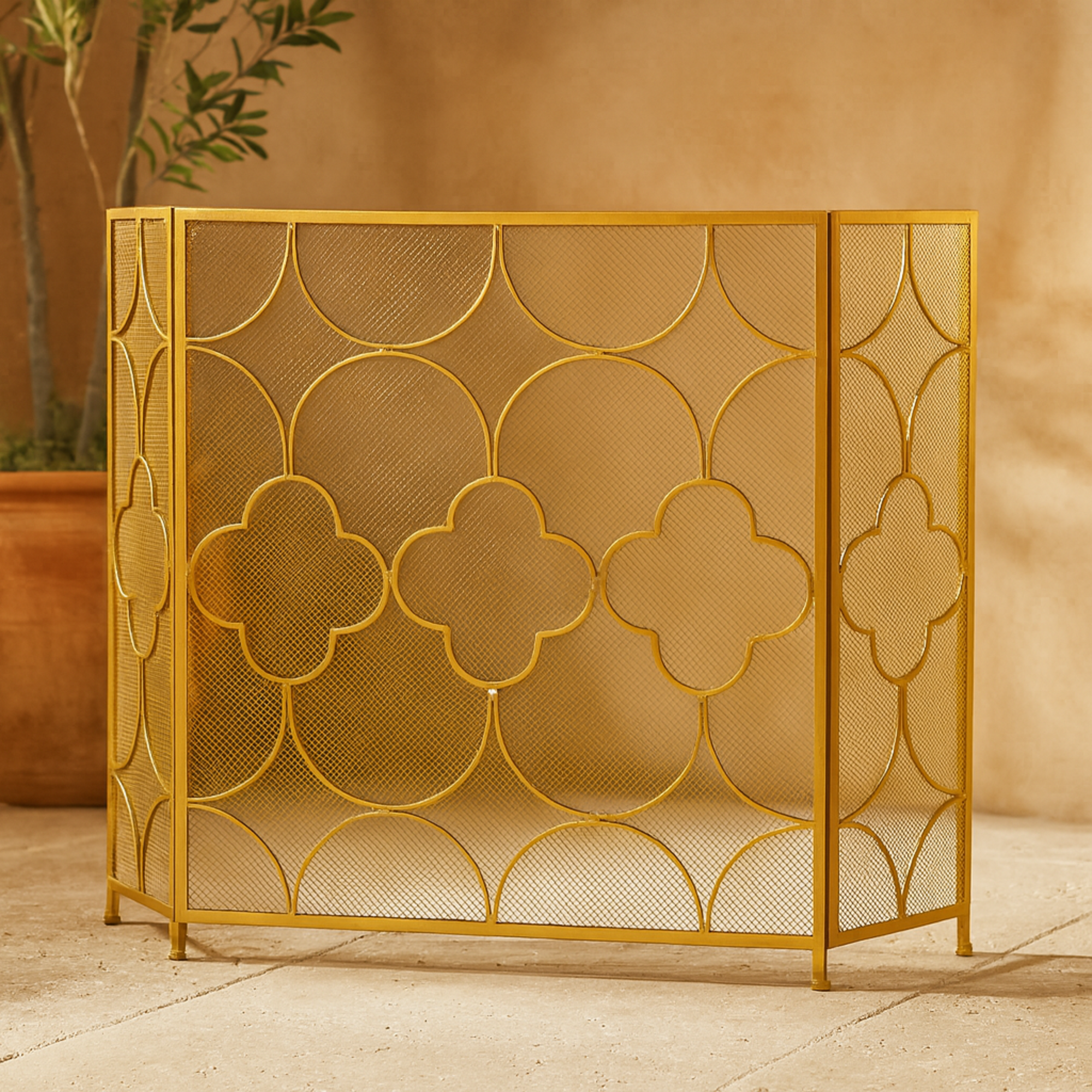 Geometric Gold Metal Foldable Mesh Netting 3 Panel Living Room Fireplace Screen with Quatrefoil Design