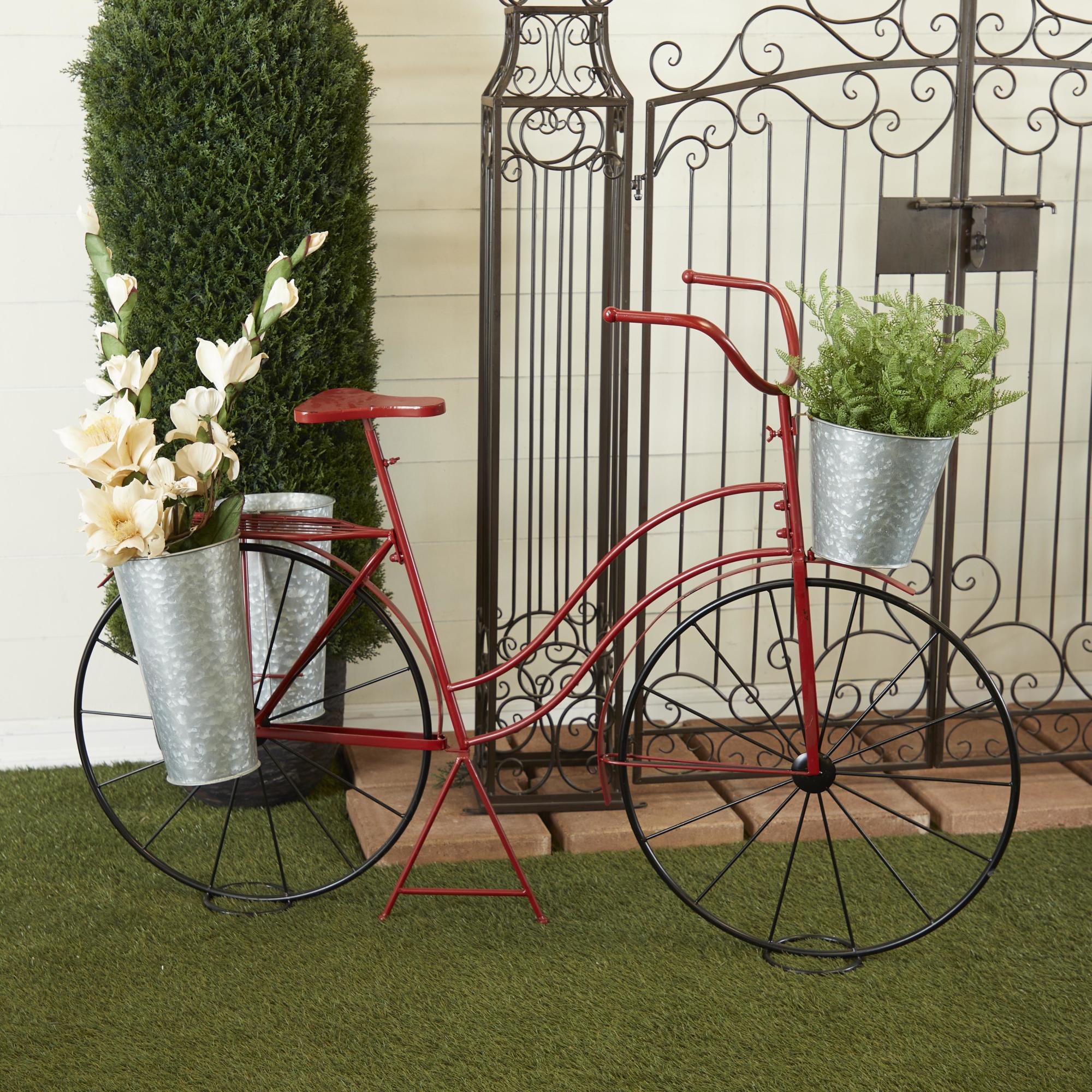 Bike Red Metal Indoor Outdoor Plantstand with Silver Basket and Saddle Bag Planters