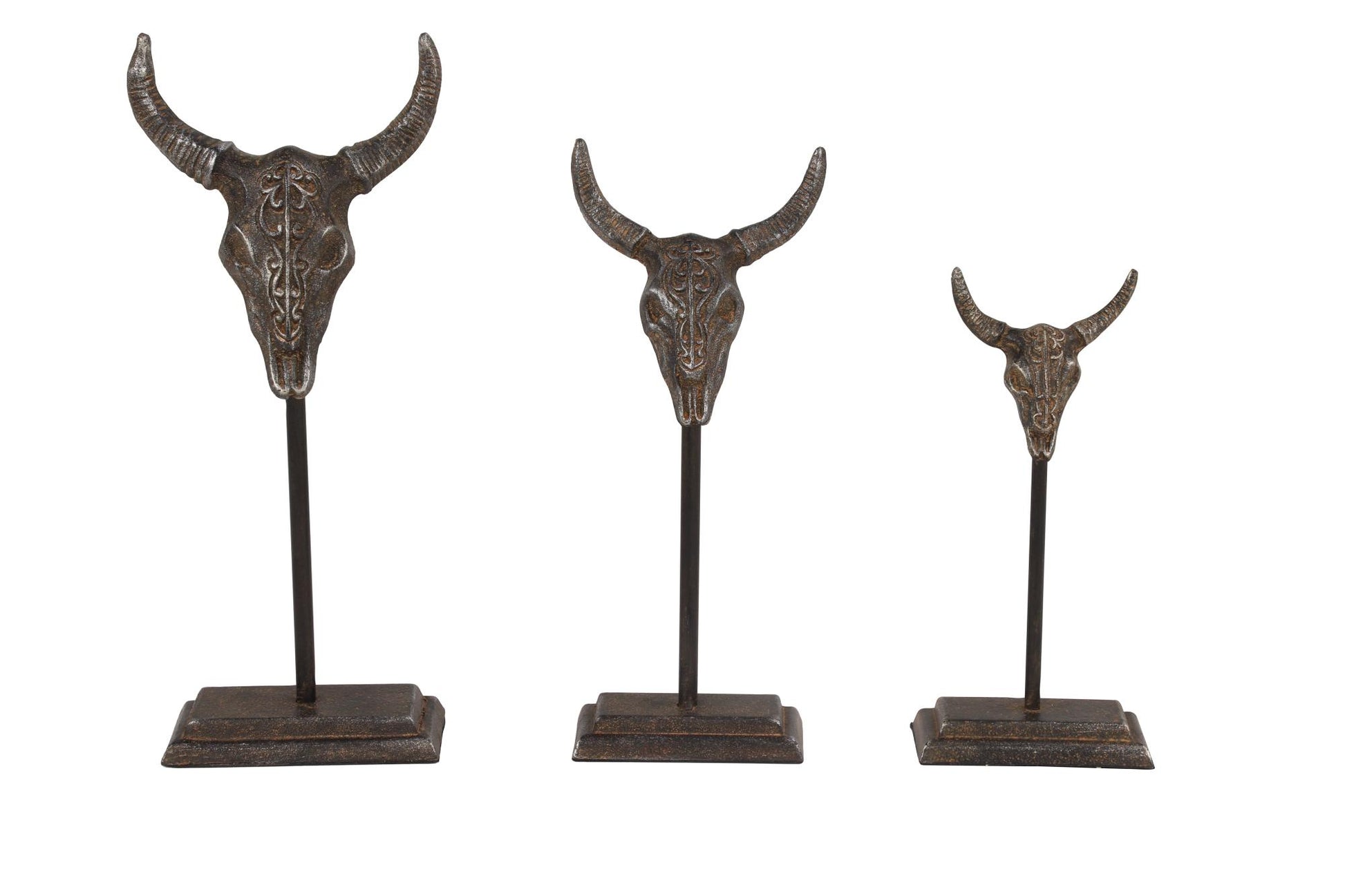 Set of 3 Bull Gray Metal Head Decorative Sculpture