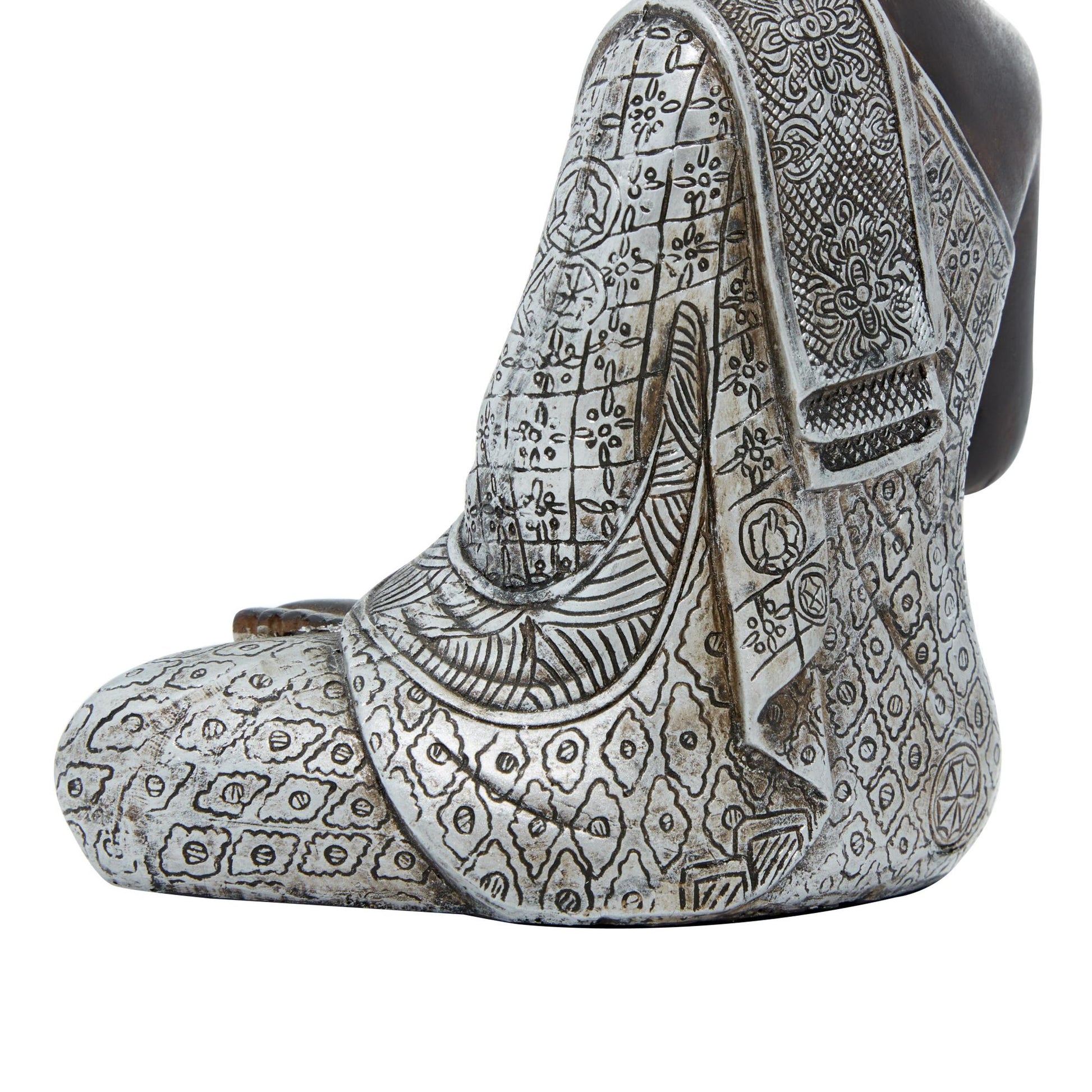 Buddha Silver Polystone Meditating Decorative Sculpture with Engraved Carvings and Relief Detailing