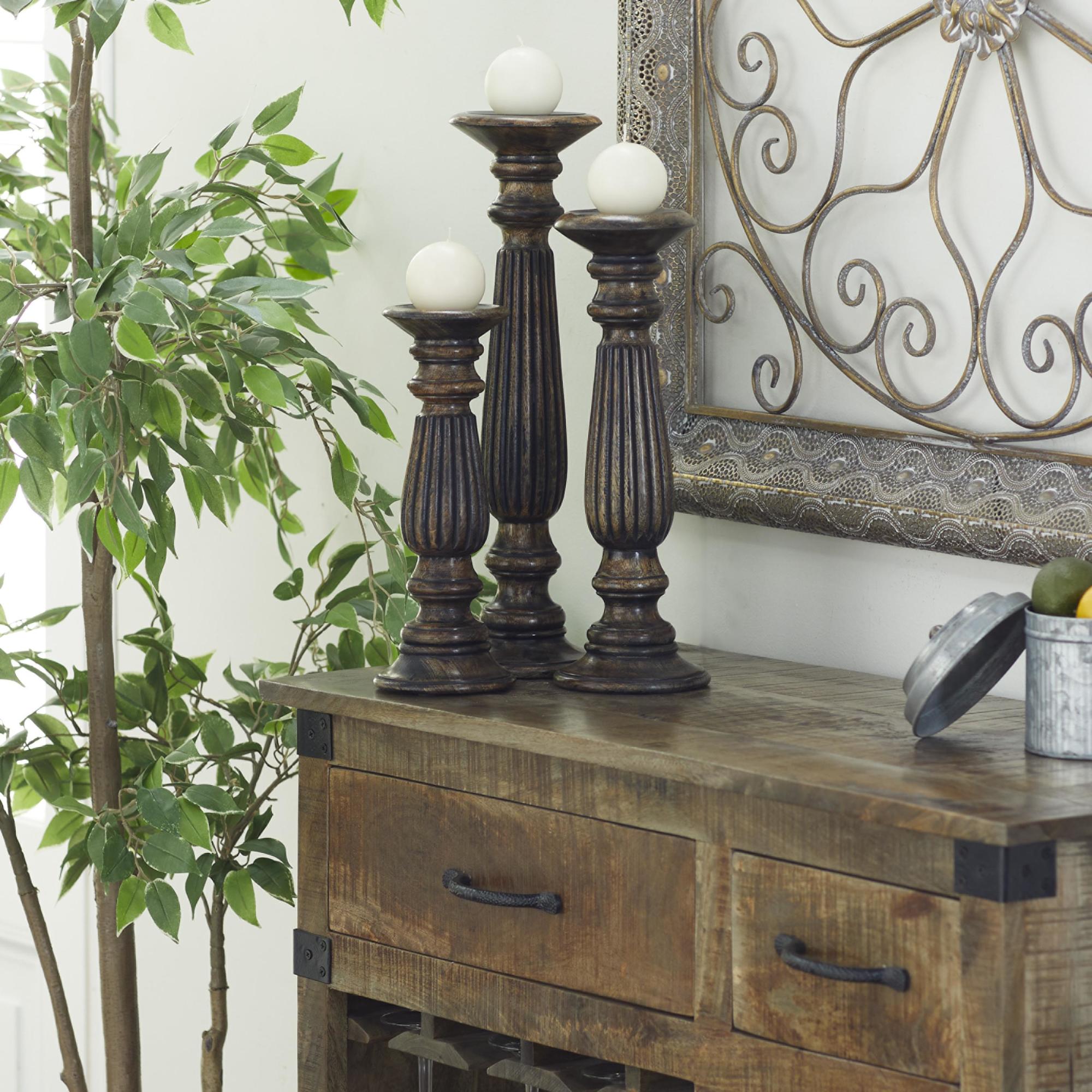 Set of 3 Mango Wood Distressed Turned Pillar Decorative Candle Holder Set of 3 18", 15", 12"H