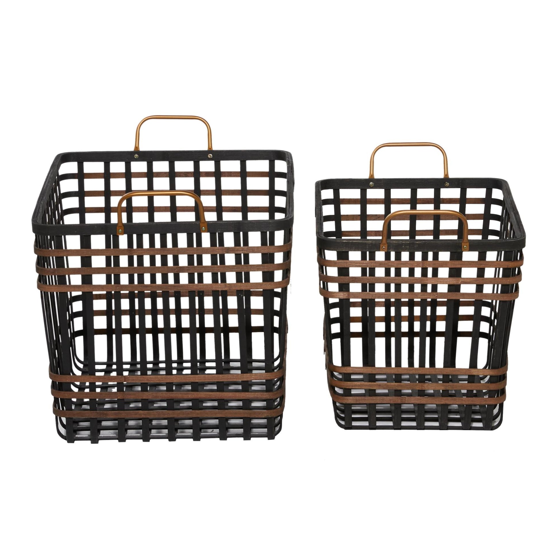 Set of 2 Black Bamboo Wood Open Frame Square Decorative and Functional Storage Basket with Brown Accents
