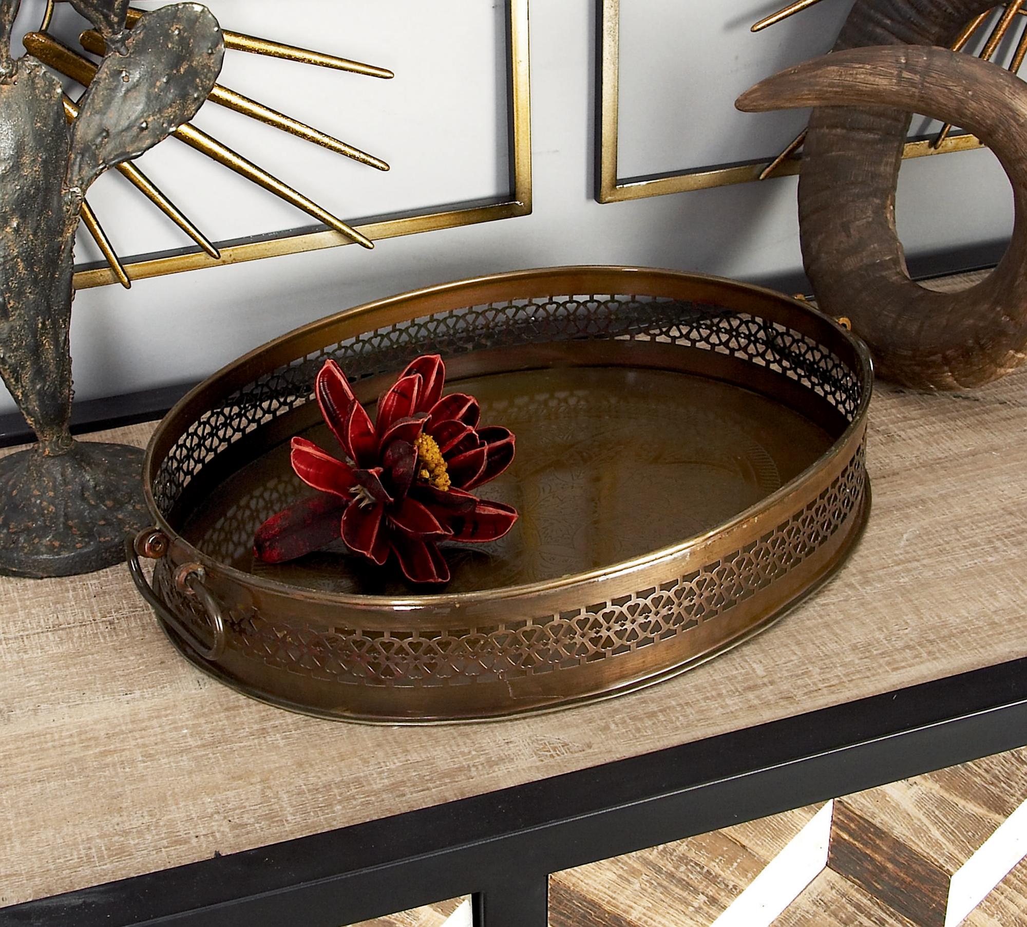 Set of 2 Floral Brown Metal Living Room Decor Tray