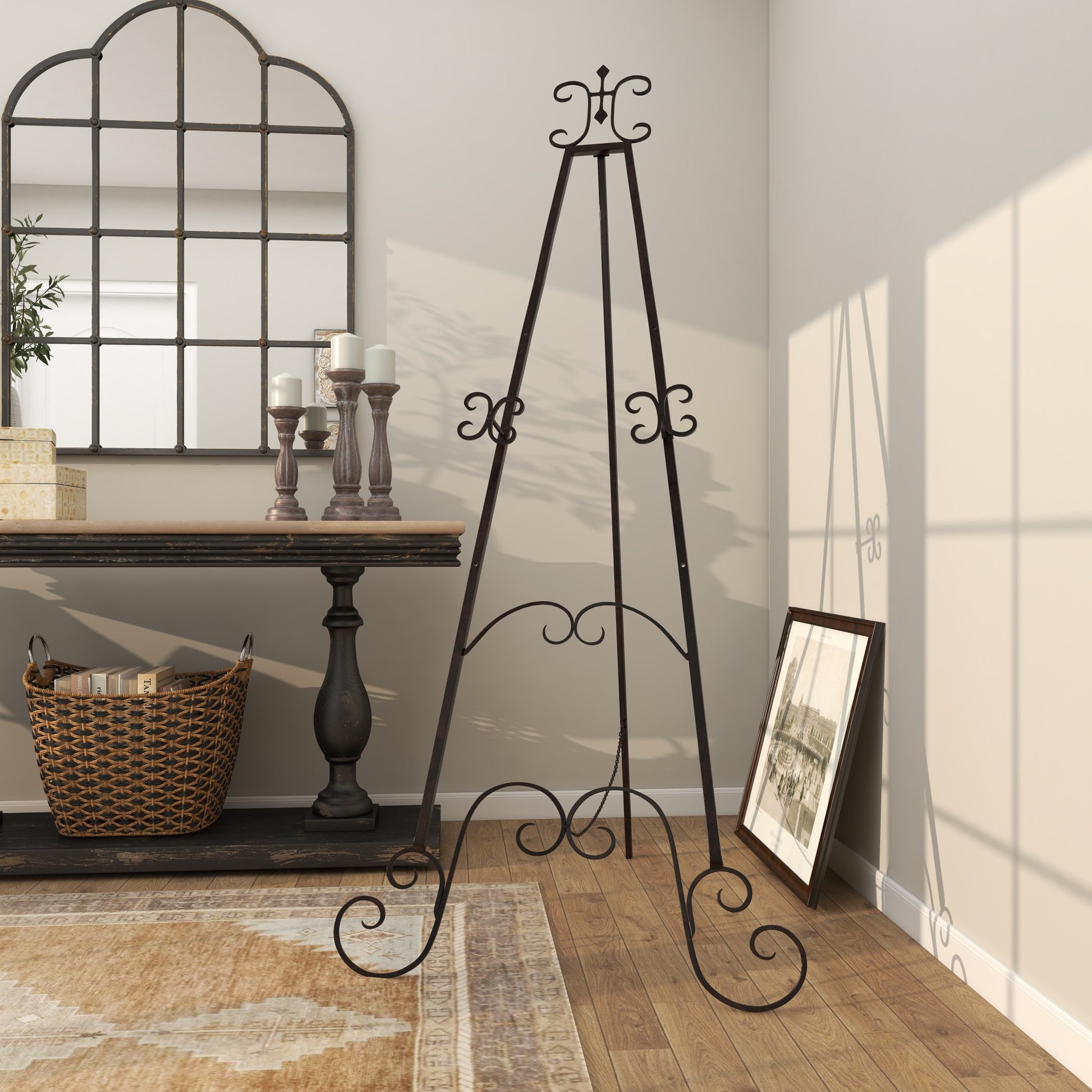 Scroll Black Metal Tall Adjustable Floor 3 Tier Display Easel