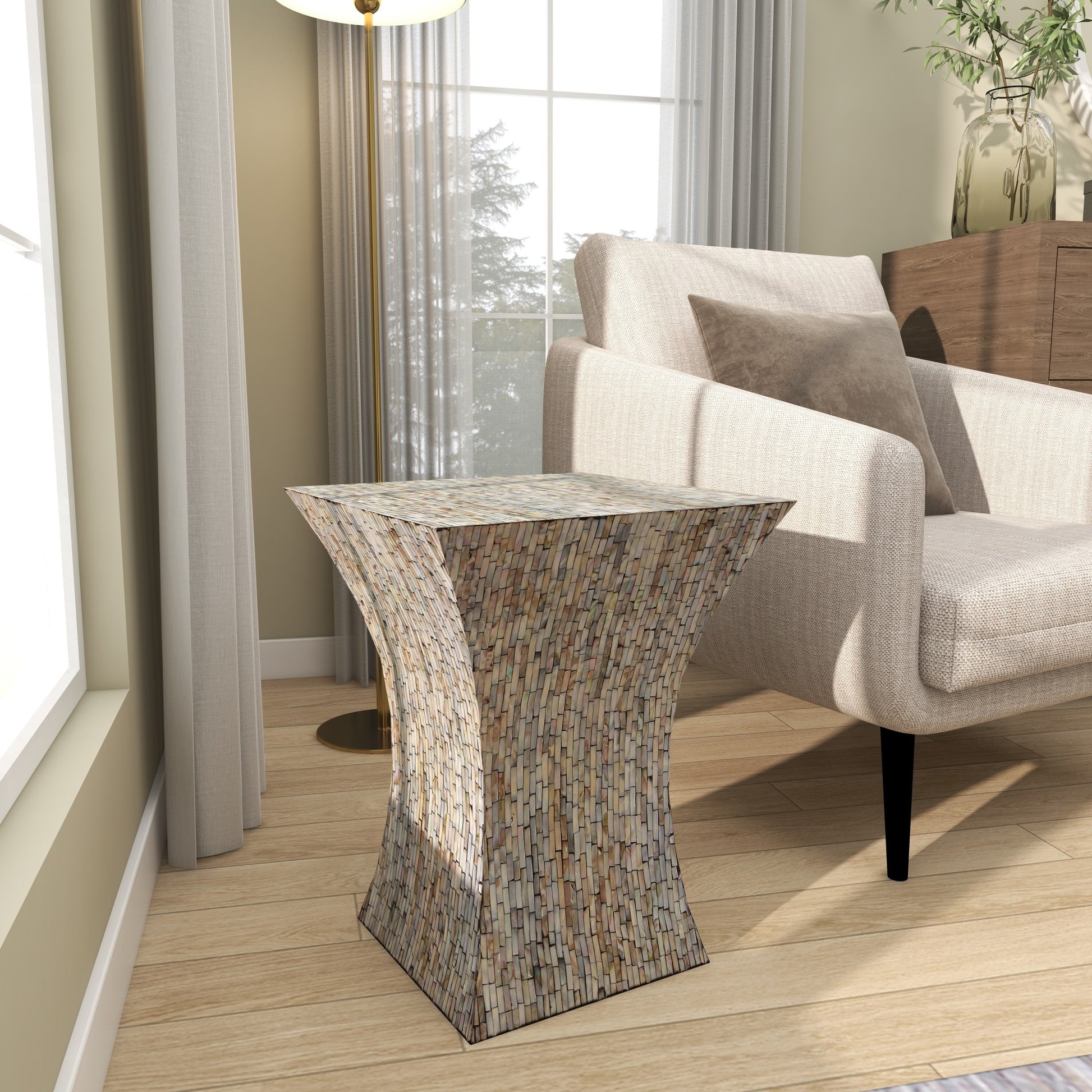 Gray Mother of Pearl Shell Handmade Hourglass Shaped Side End Accent Table