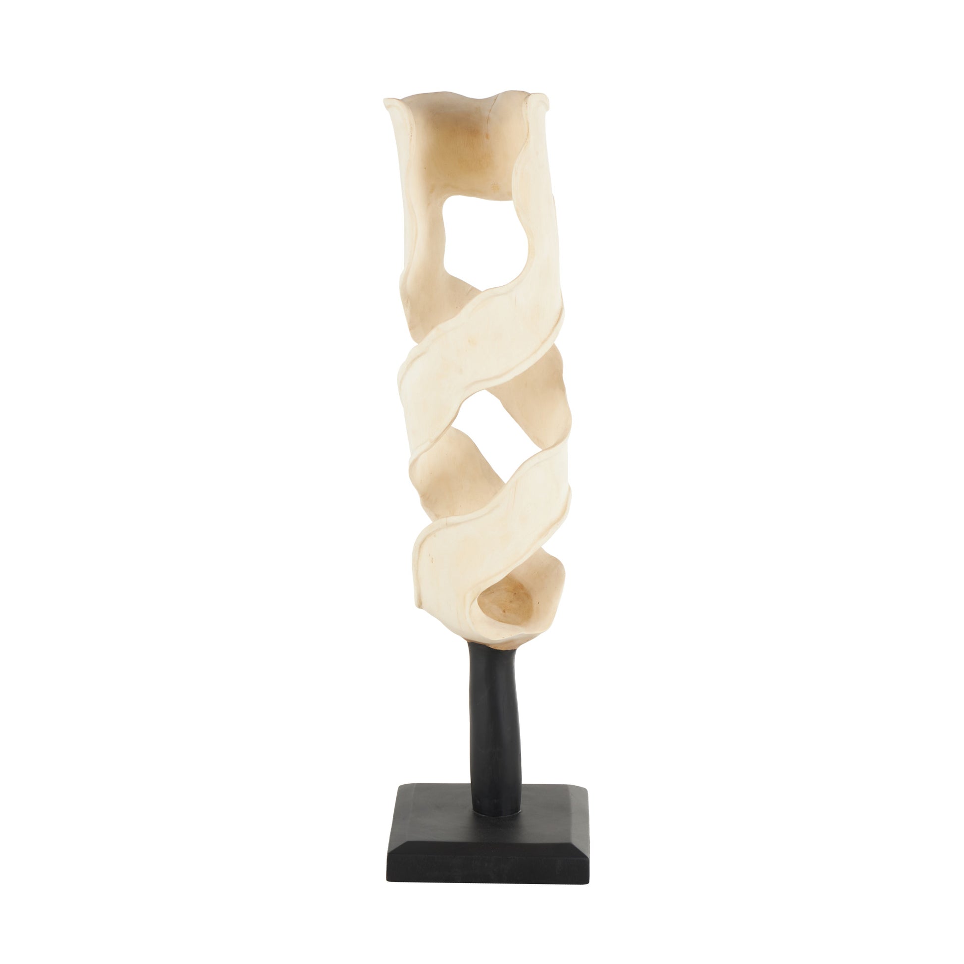 Abstract Cream Teak Wood Handmade Live Edge Intertwined Decorative Sculpture with Black Square Base
