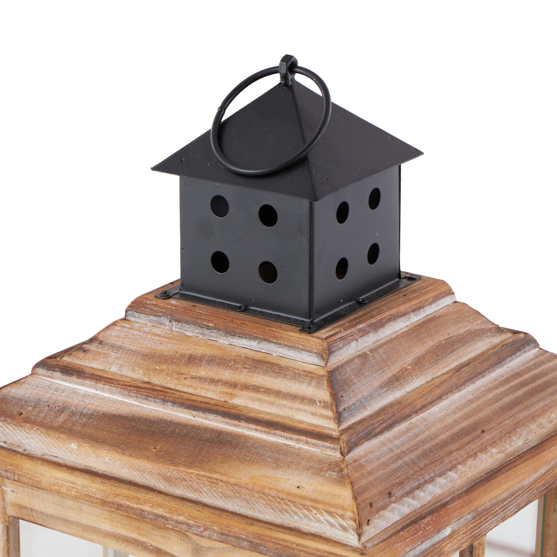 Wood Lighthouse Style Decorative Indoor Outdoor Candle Lantern with Black Ring Handle 9" x 9" x 22"