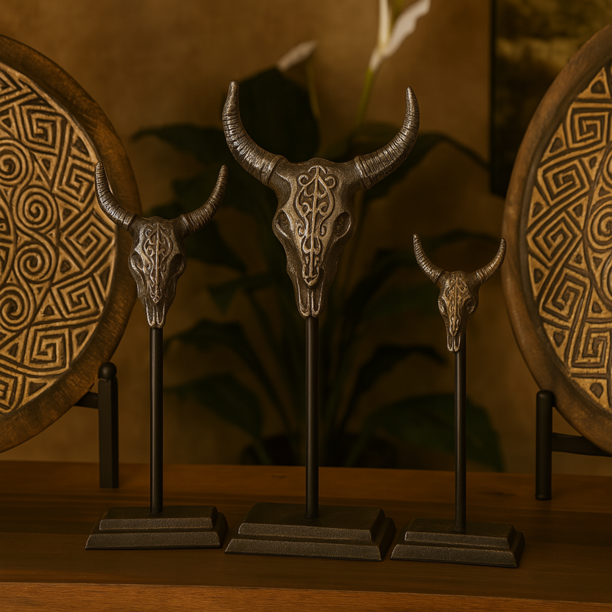 Set of 3 Bull Gray Metal Head Decorative Sculpture