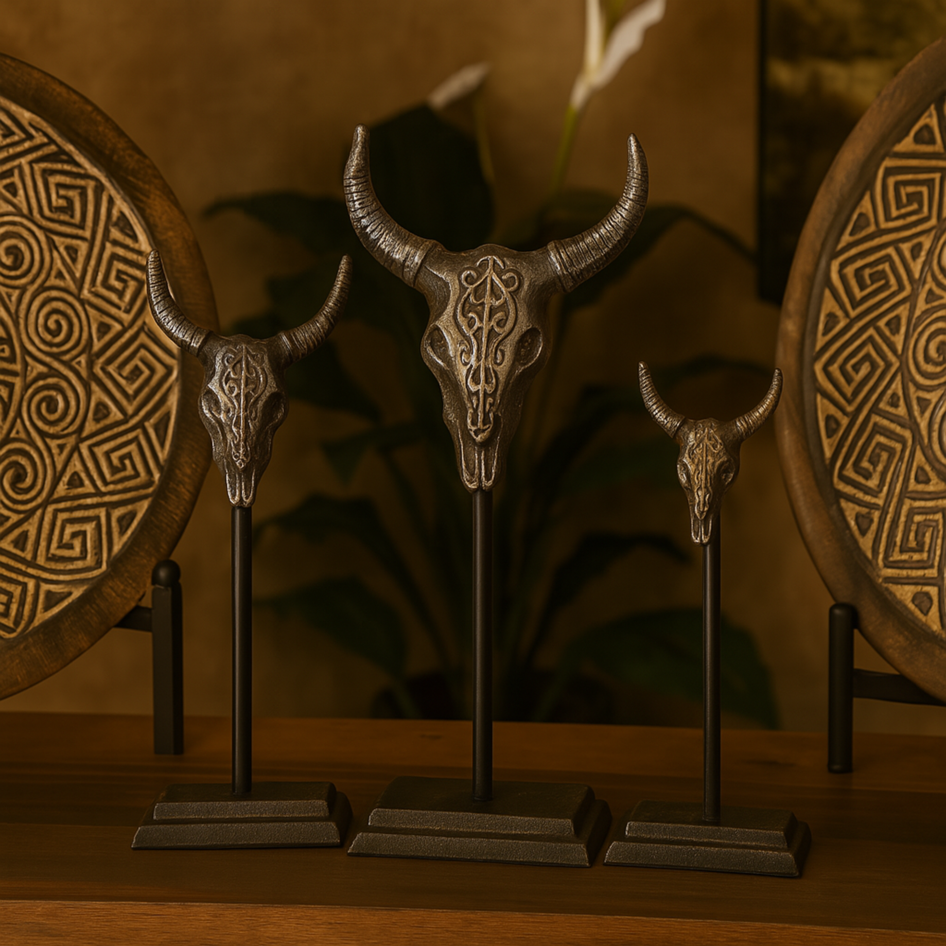 Set of 3 Bull Gray Metal Head Decorative Sculpture