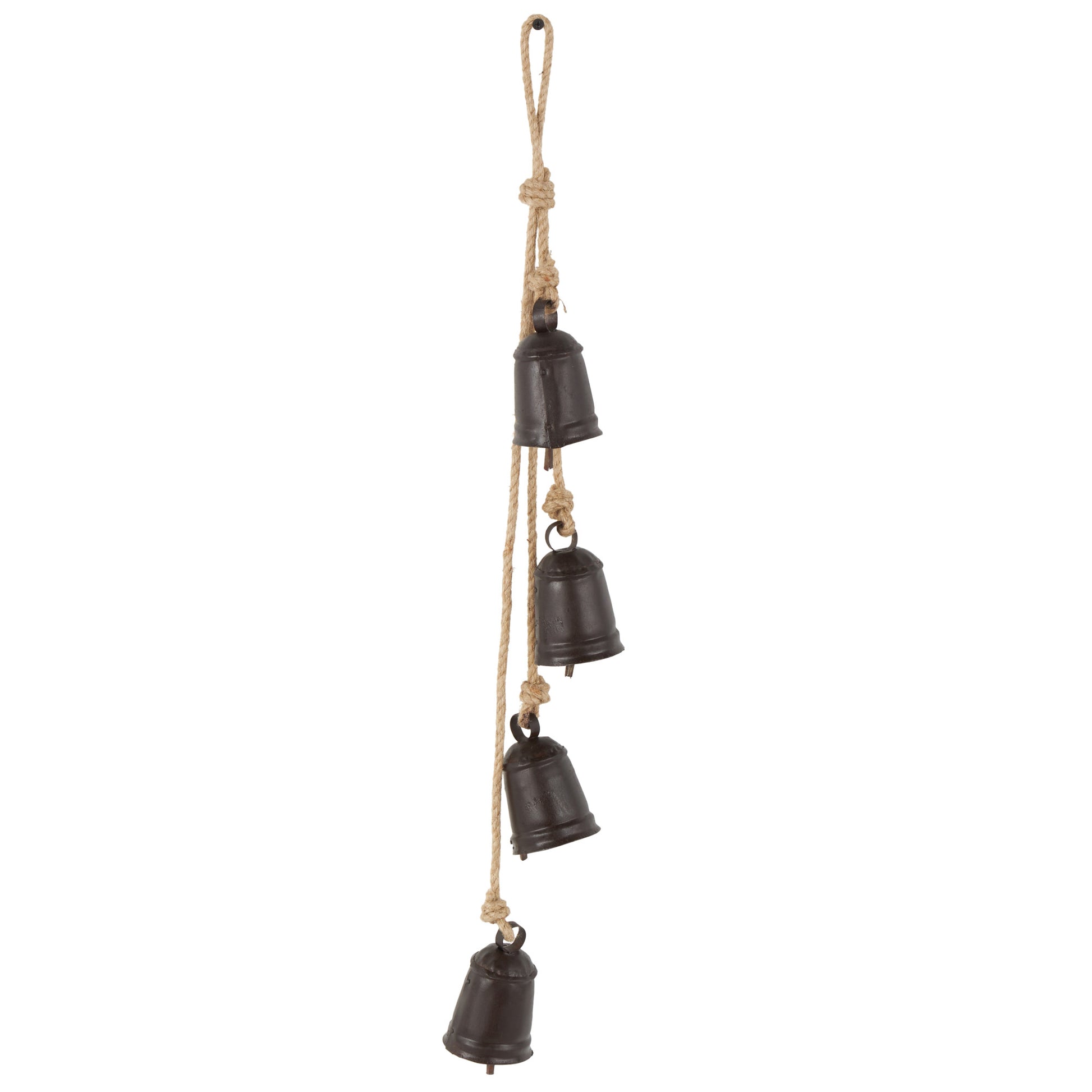 Metal Handmade Tibetan Inspired Indoor Outdoor Decorative Cow Bells with 4 Bells on Jute Hanging Rope
