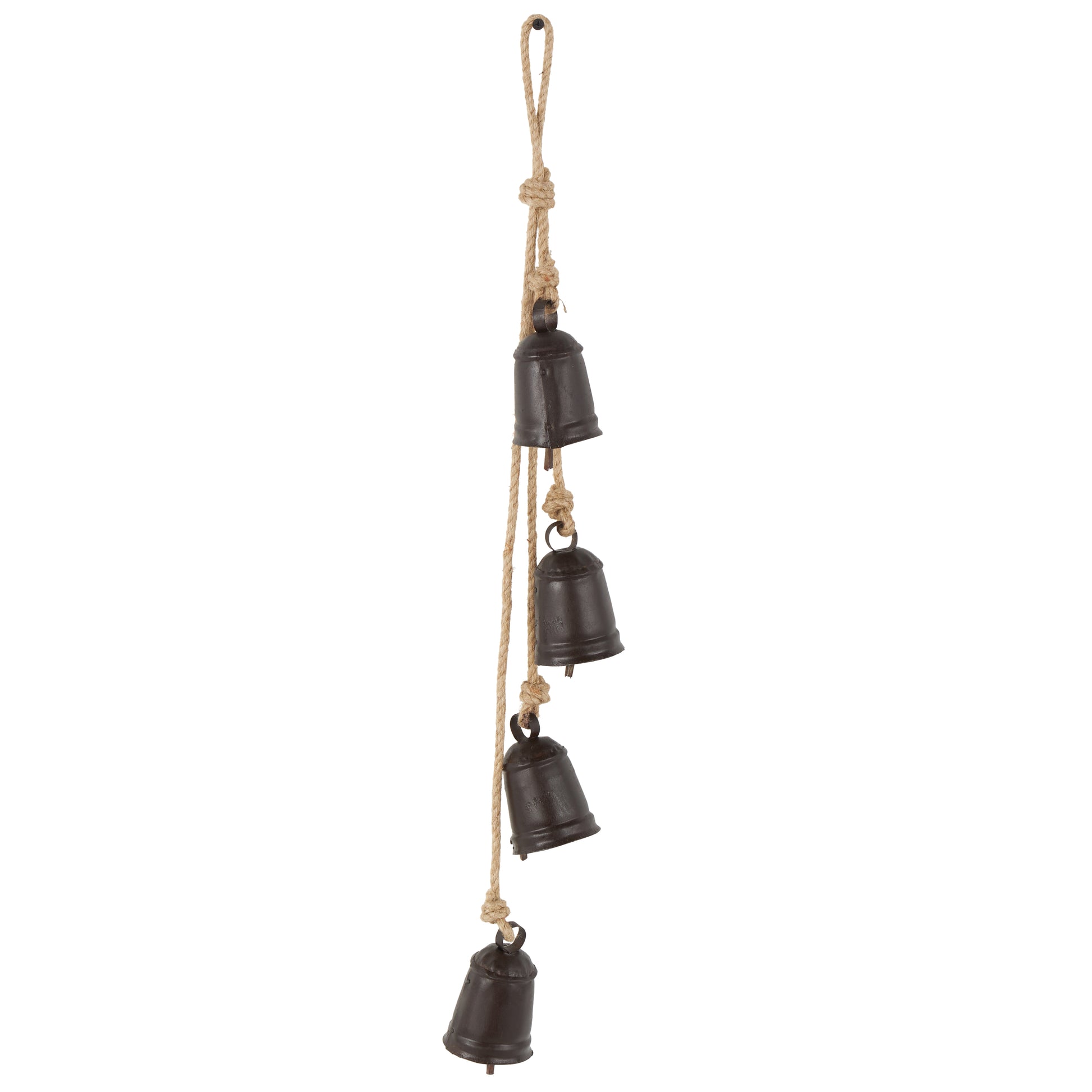 Metal Handmade Tibetan Inspired Indoor Outdoor Decorative Cow Bells with 4 Bells on Jute Hanging Rope