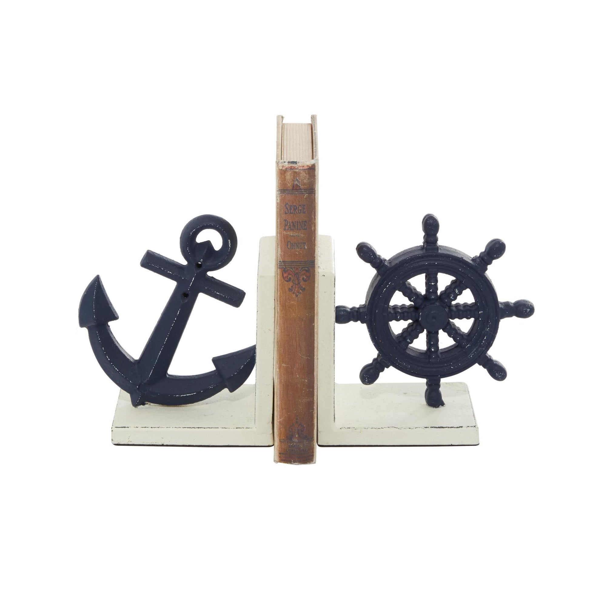 Set of 2 Ship Wheel Blue Metal Anchor Decorative Bookends