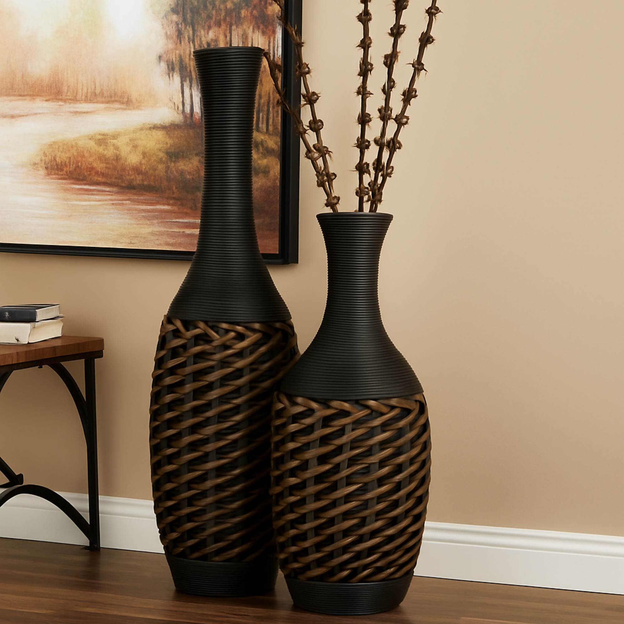 Brown Faux Seagrass Tall Woven Floor Decorative Vase with Dark Brown Wrapped Neck