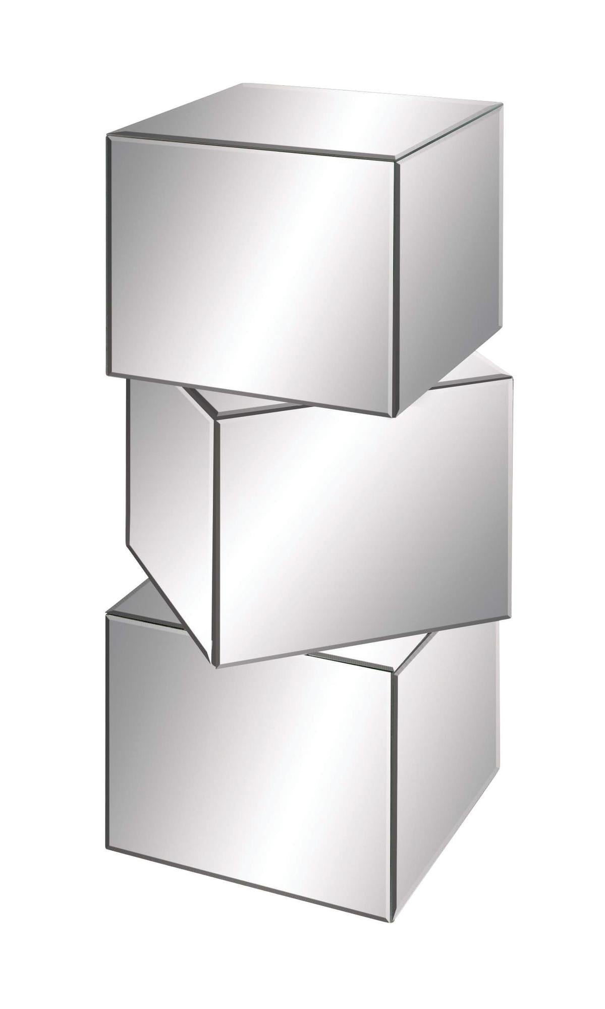 Silver Glass Mirrored Stacked Cube Side End Pedestal Table with Glass Front Panels