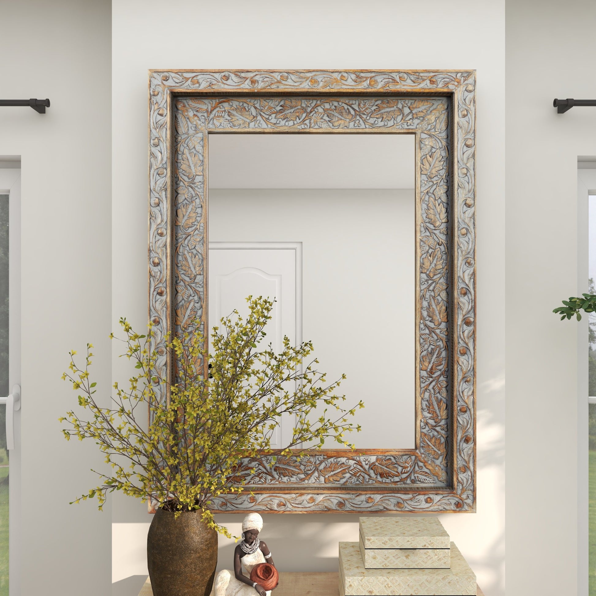 Floral Gray Wood Handmade Intricately Carved Room Wall Mirror